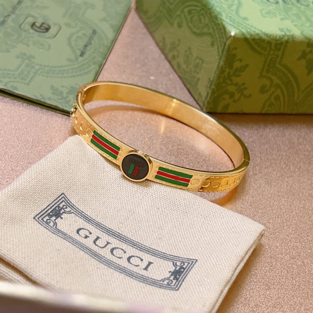 Gold-Tone Enamel Bangle with Signature Green-Red Stripes