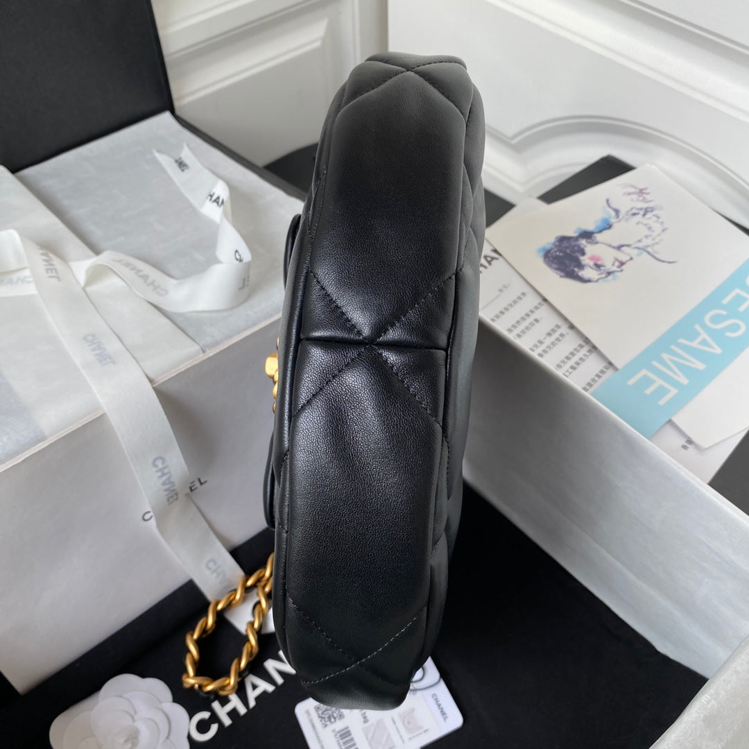 Black Quilted Half-Moon Bag with Mixed Metal Chain