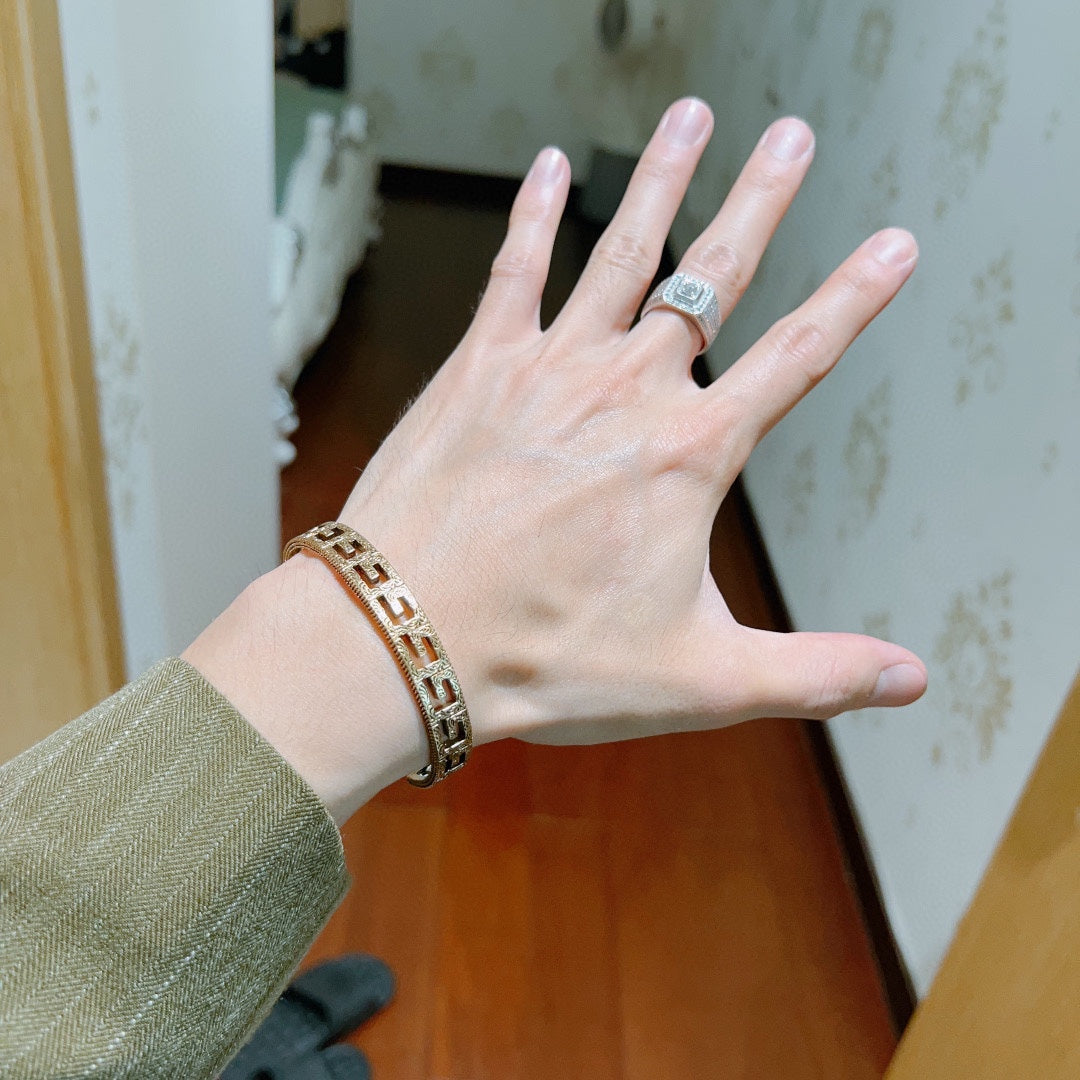 Antique Gold Open Cuff Bracelet with Engraved Double G Motif