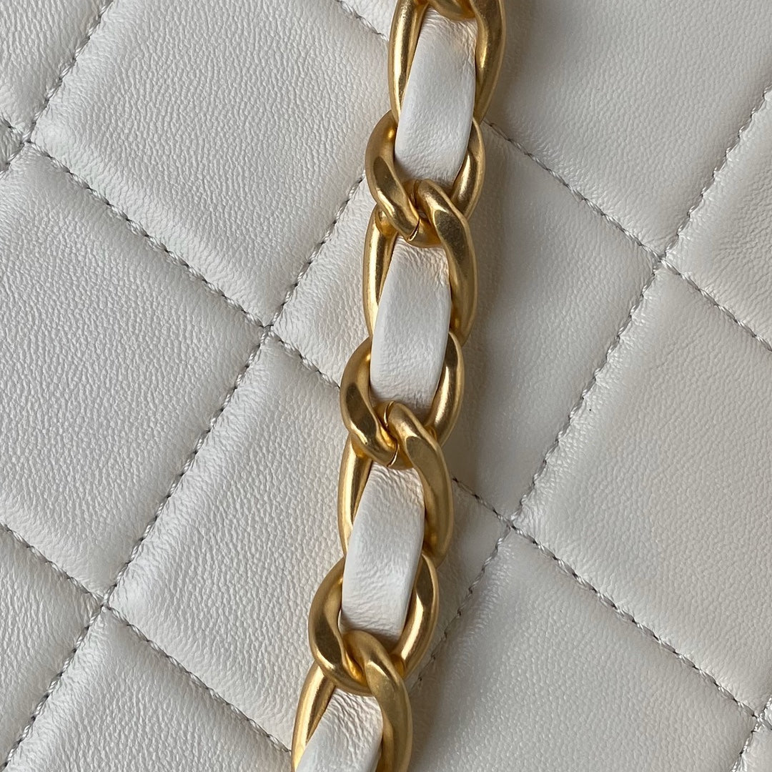 White Quilted Lambskin Shoulder Bag with Gold Chain