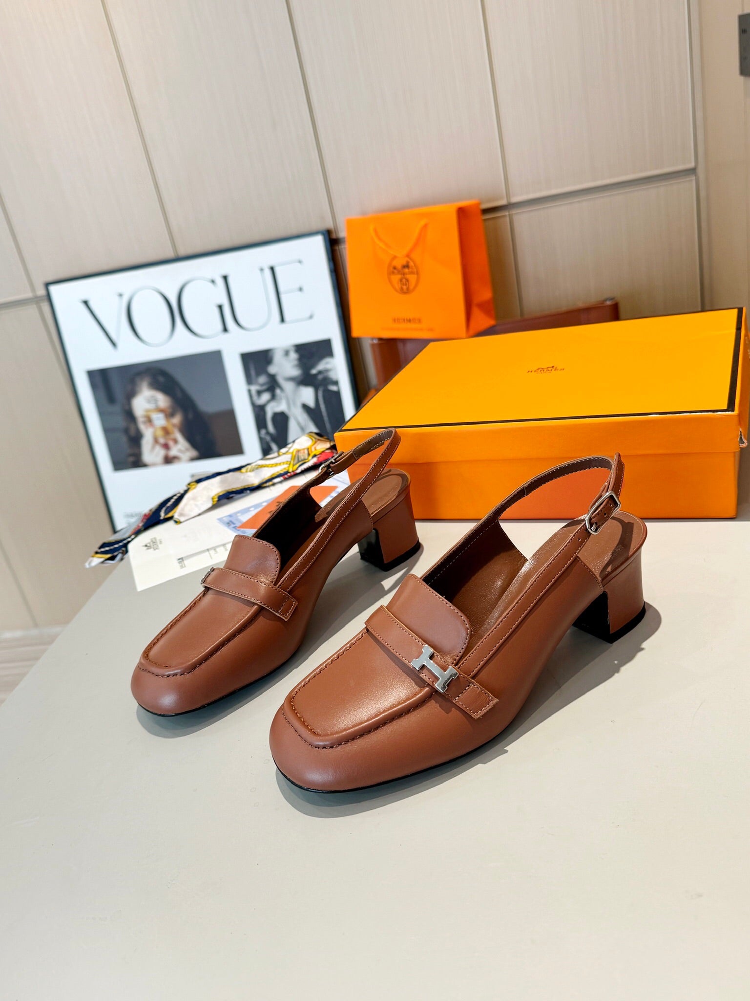 Groupie Square-Toe H-Buckle Slingback Mules – Calfskin Leather – 5 cm Heel