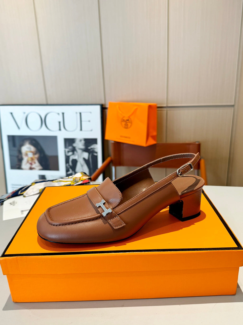 Groupie Square-Toe H-Buckle Slingback Mules – Calfskin Leather – 5 cm Heel