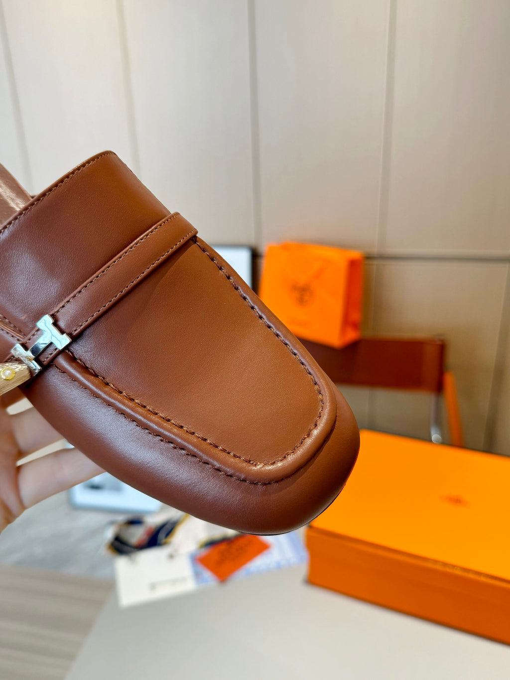 Groupie Square-Toe H-Buckle Slingback Mules – Calfskin Leather – 5 cm Heel