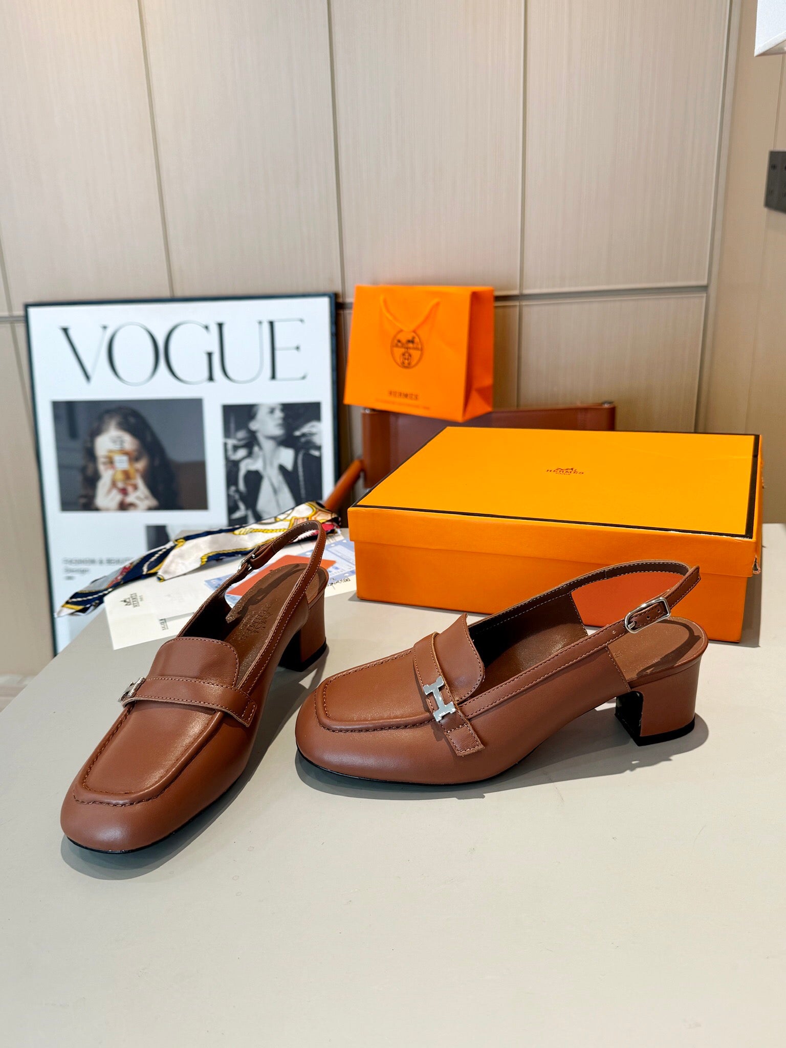 Groupie Square-Toe H-Buckle Slingback Mules – Calfskin Leather – 5 cm Heel