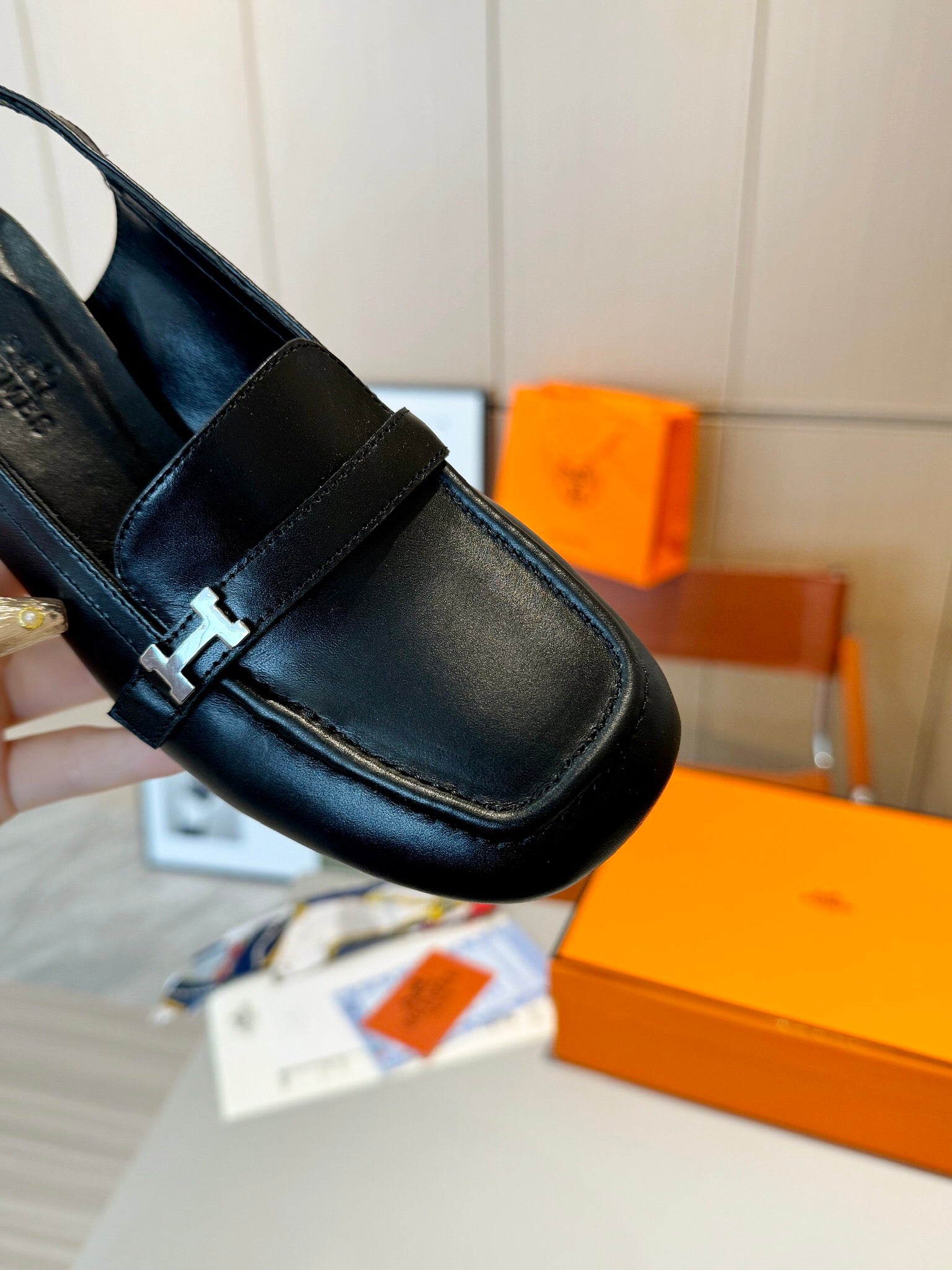 Groupie Square-Toe H-Buckle Slingback Mules – Calfskin Leather – 5 cm Heel