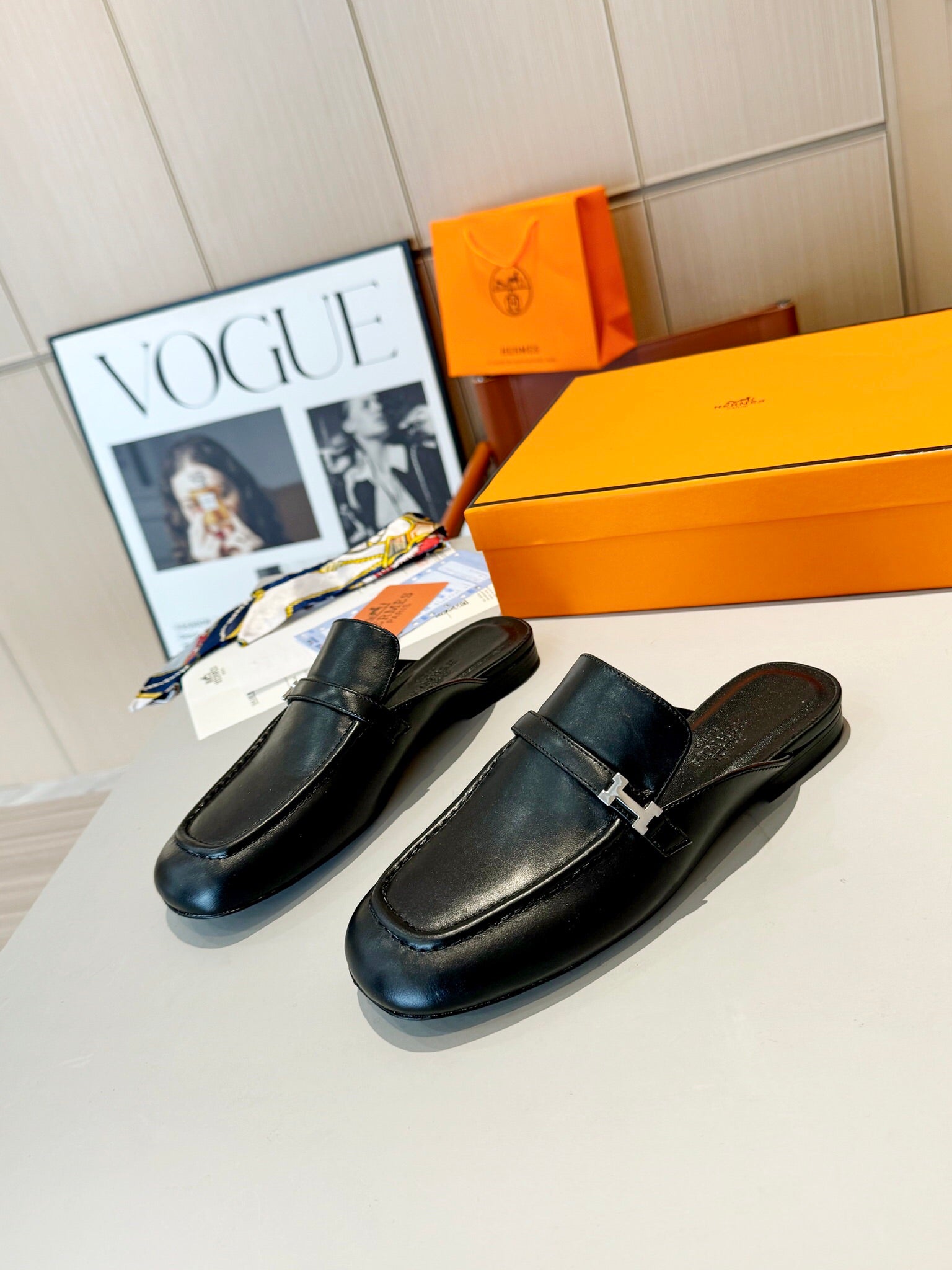 Groupie Square-Toe H-Buckle Slingback Mules – Calfskin Leather – 5 cm Heel