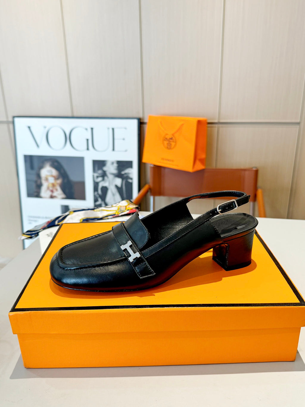 Groupie Square-Toe H-Buckle Slingback Mules – Calfskin Leather – 5 cm Heel