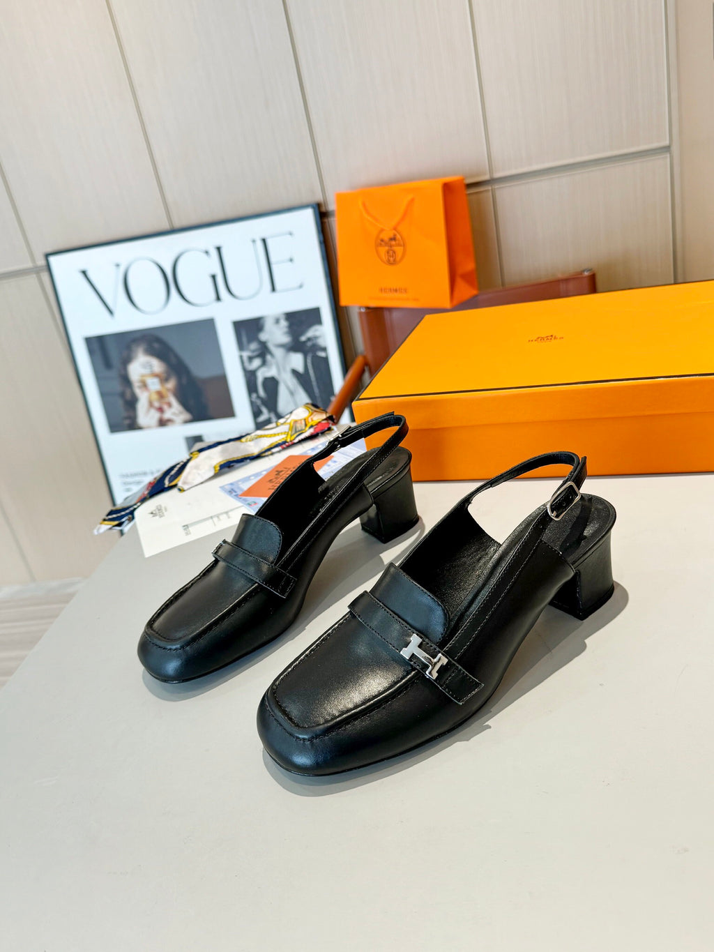 Groupie Square-Toe H-Buckle Slingback Mules – Calfskin Leather – 5 cm Heel