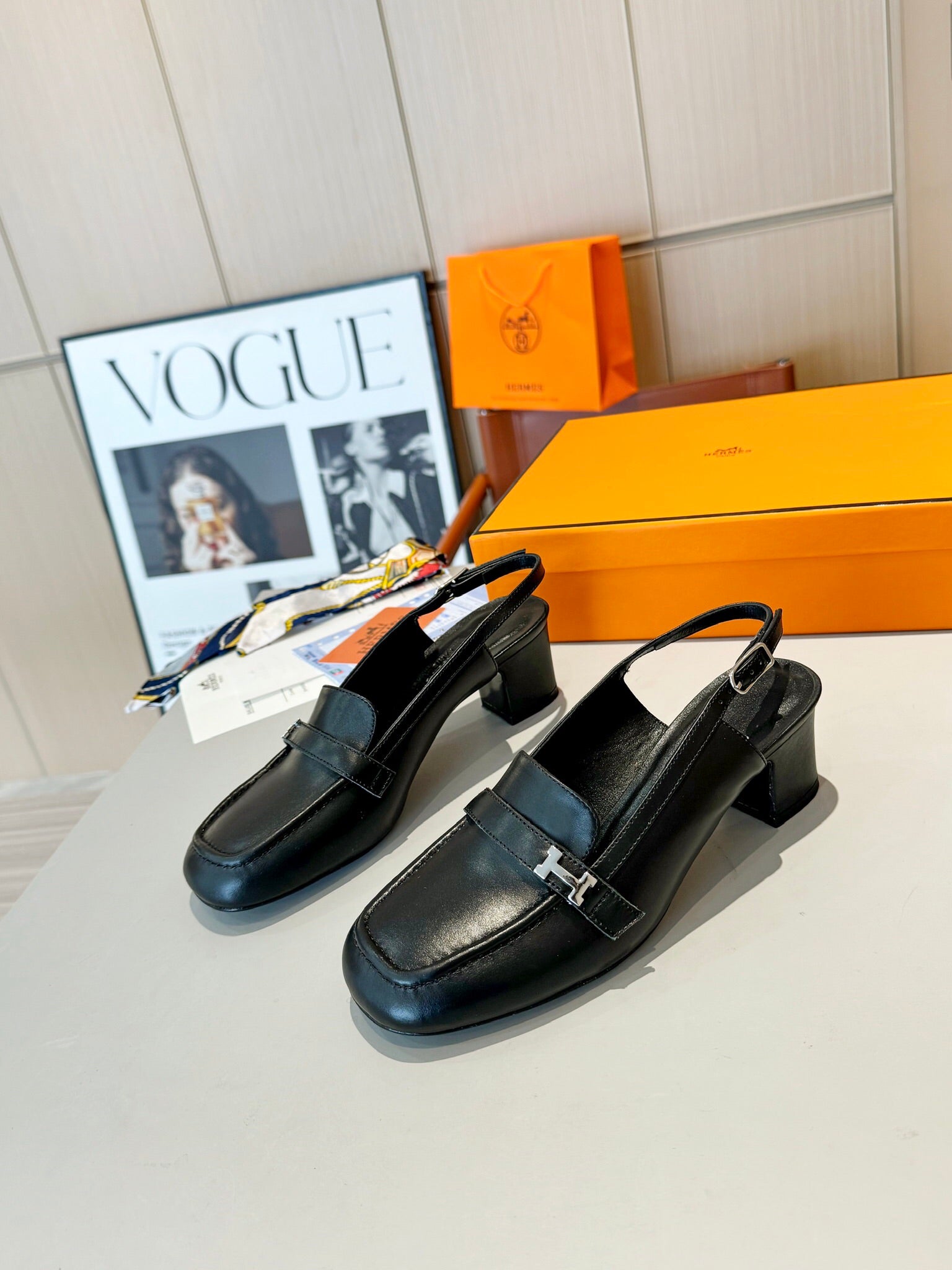 Groupie Square-Toe H-Buckle Slingback Mules – Calfskin Leather – 5 cm Heel