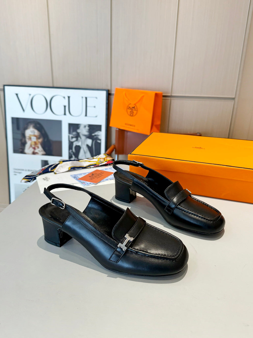 Groupie Square-Toe H-Buckle Slingback Mules – Calfskin Leather – 5 cm Heel