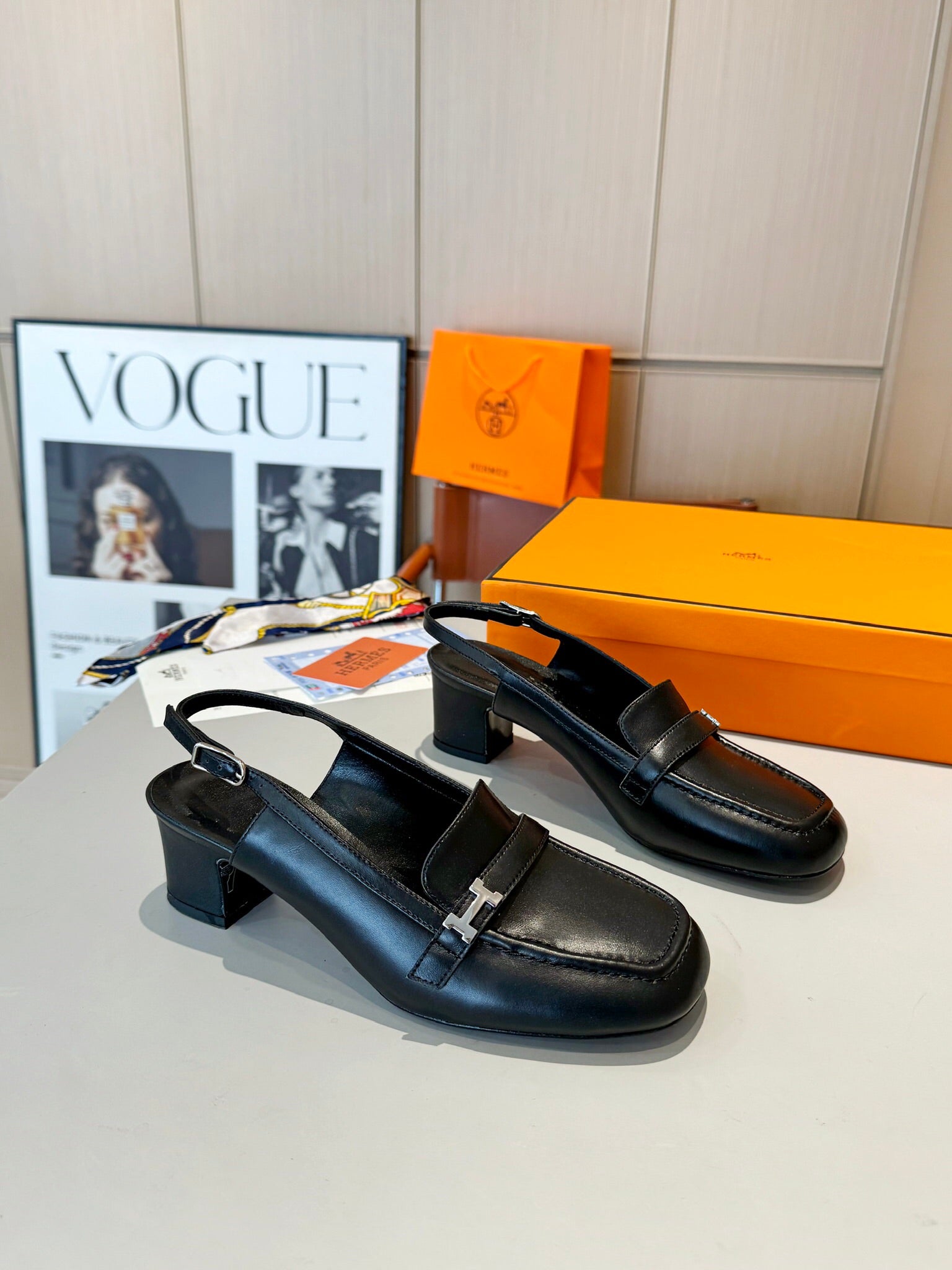 Groupie Square-Toe H-Buckle Slingback Mules – Calfskin Leather – 5 cm Heel