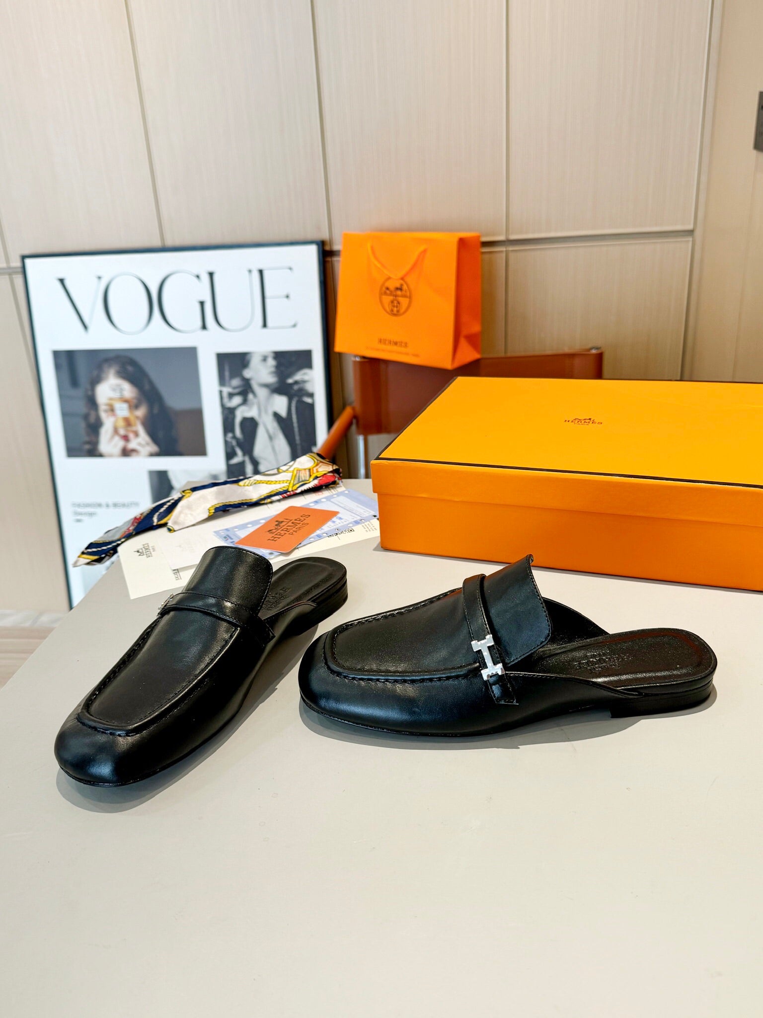 Groupie Square-Toe H-Buckle Slingback Mules – Calfskin Leather – 5 cm Heel