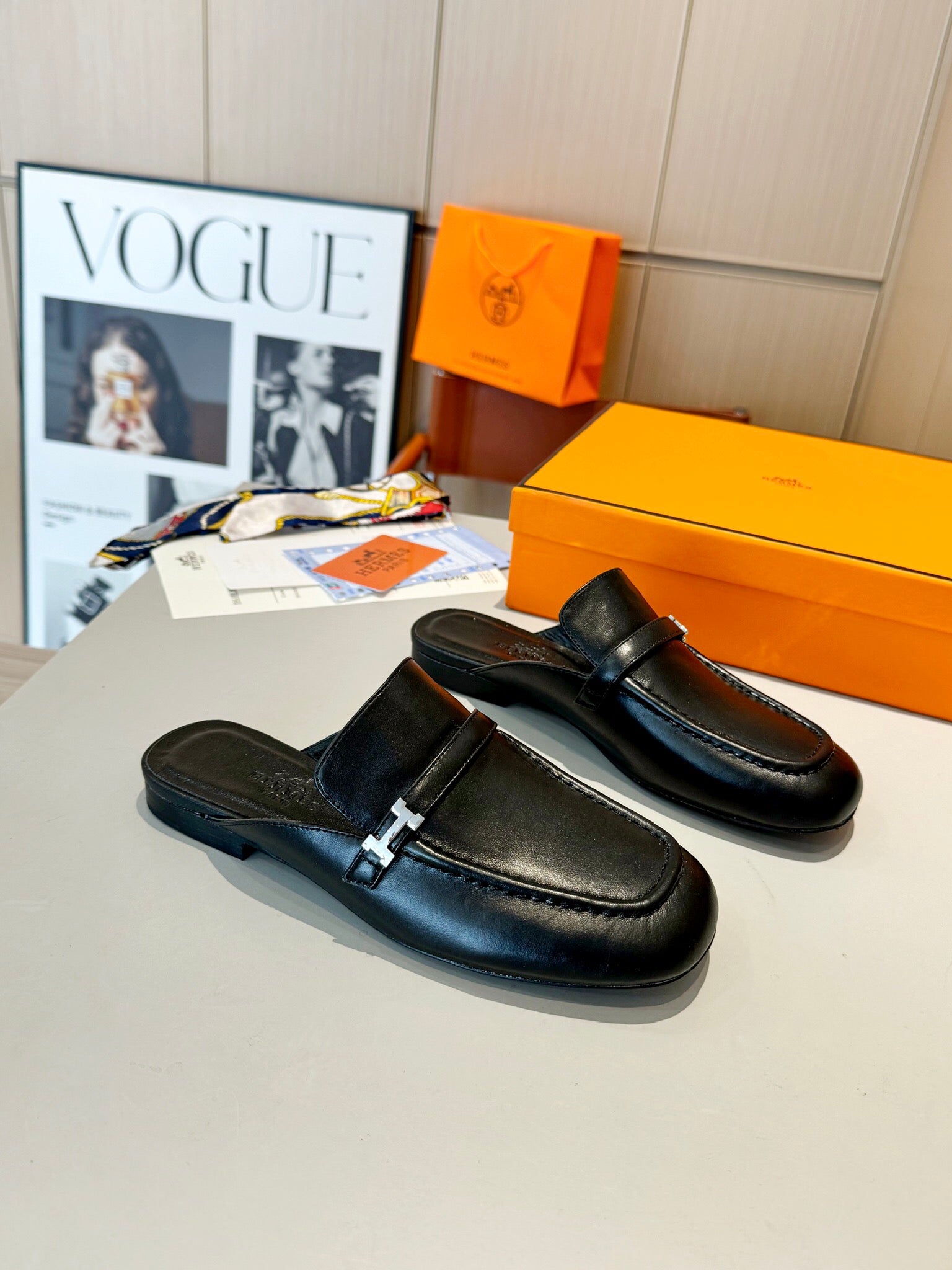 Groupie Square-Toe H-Buckle Slingback Mules – Calfskin Leather – 5 cm Heel