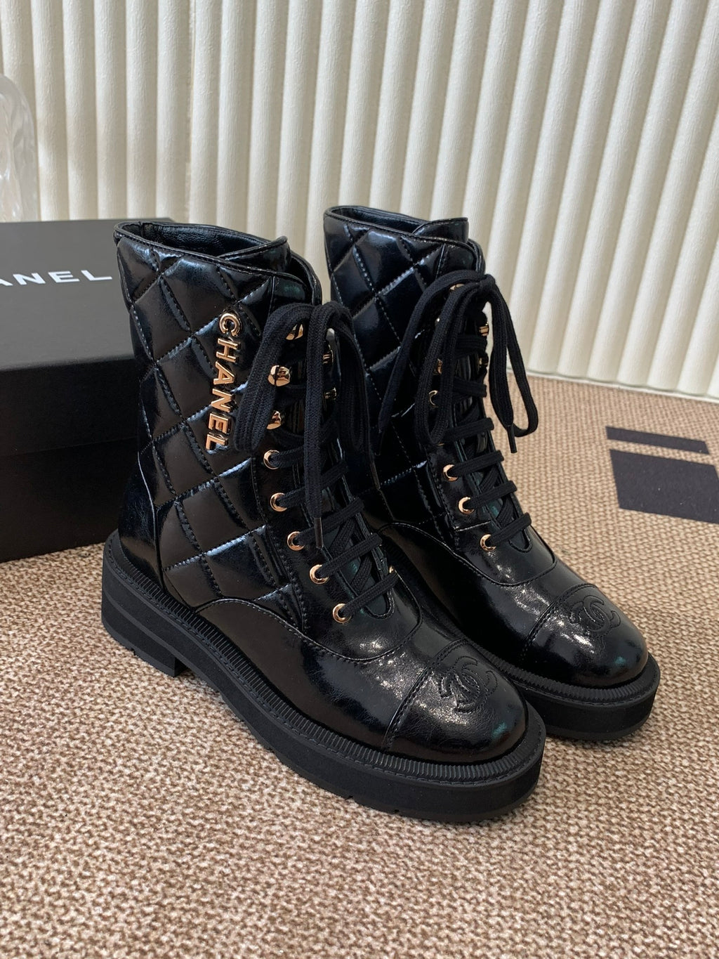 Quilted Patent Leather Ankle Boots