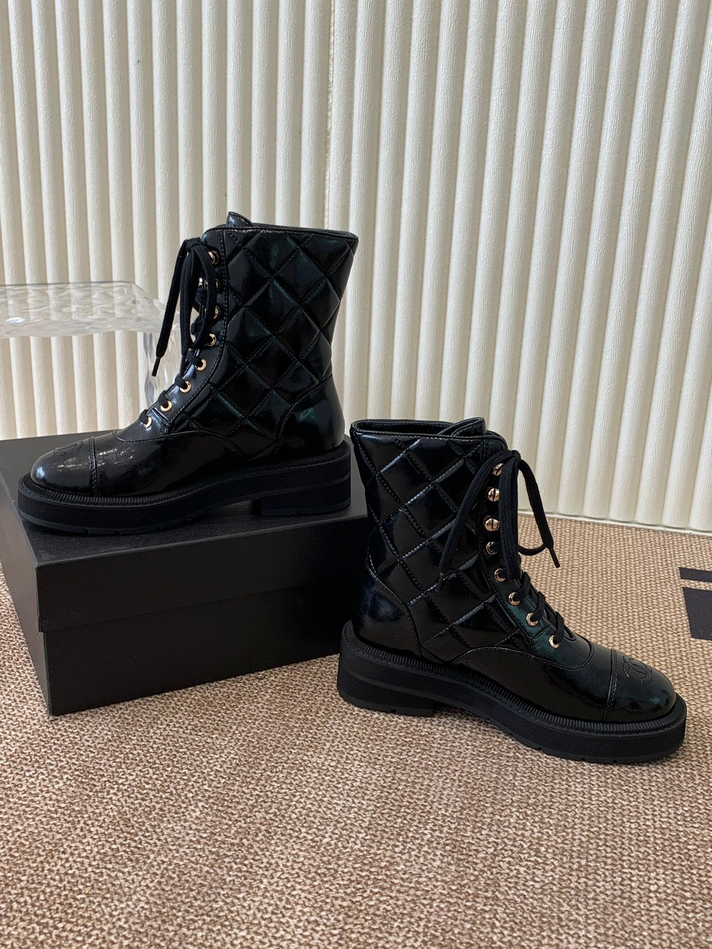 Quilted Patent Leather Ankle Boots