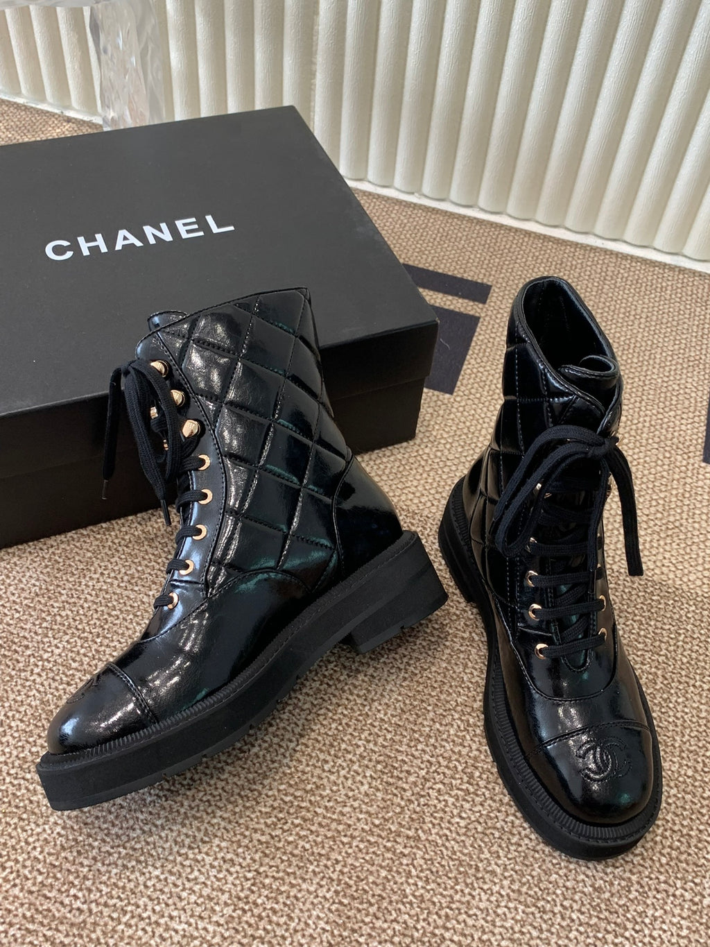 Quilted Patent Leather Ankle Boots