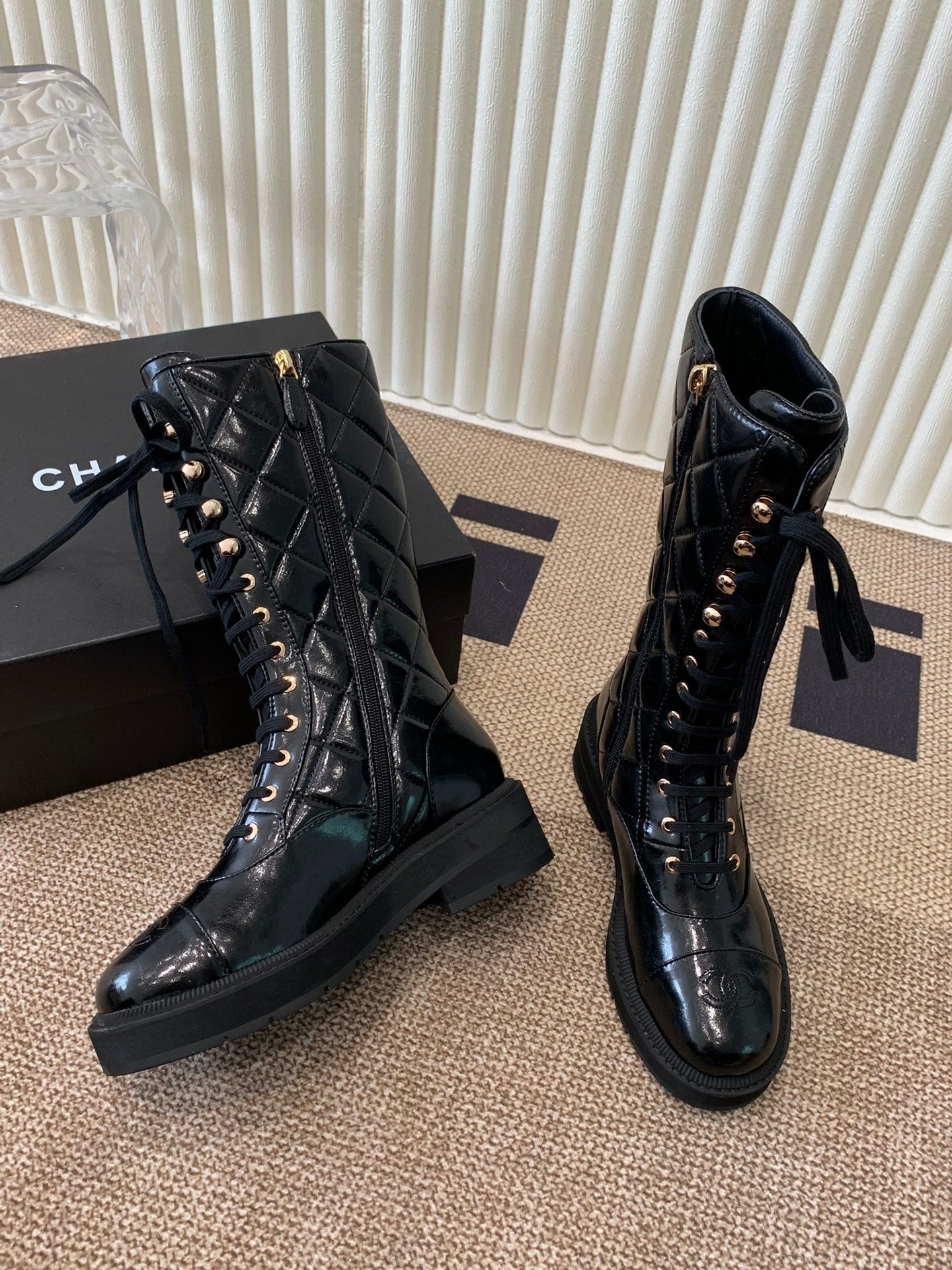 Quilted Patent Leather Lace-Up Boots