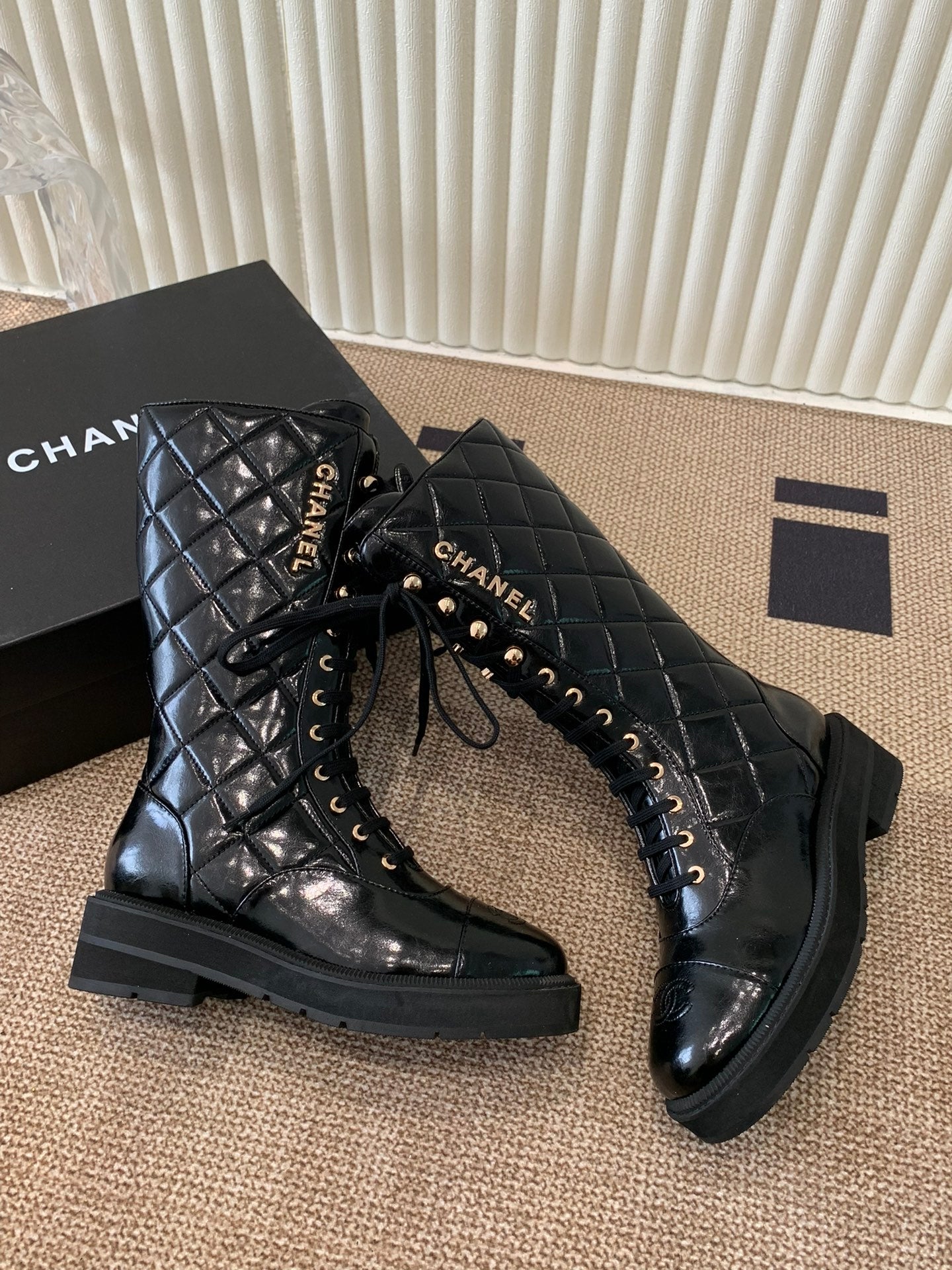 Quilted Patent Leather Lace-Up Boots