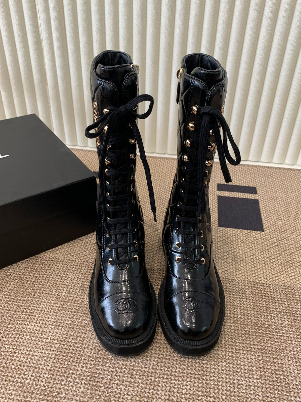 Quilted Patent Leather Lace-Up Boots