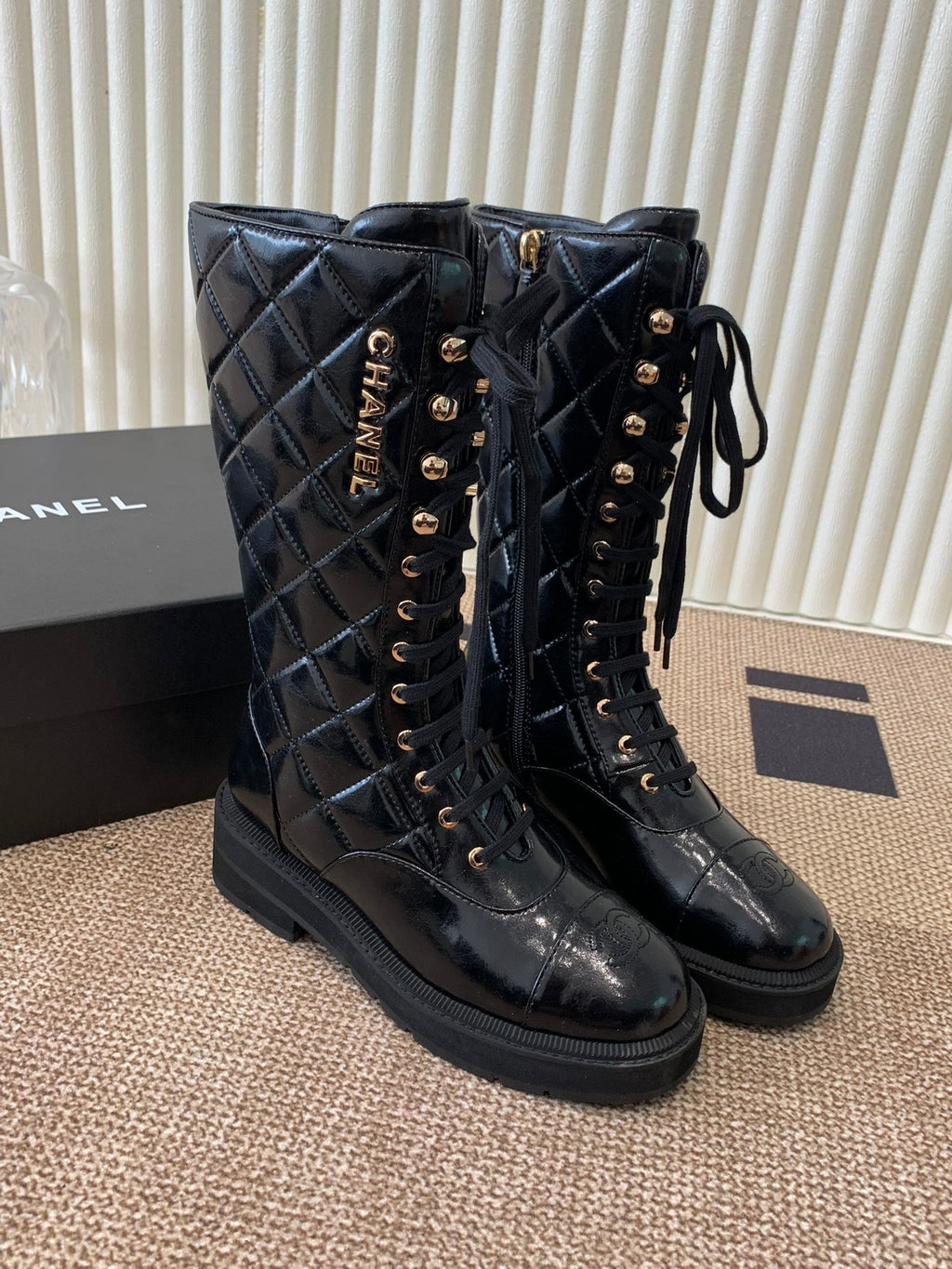Quilted Patent Leather Lace-Up Boots