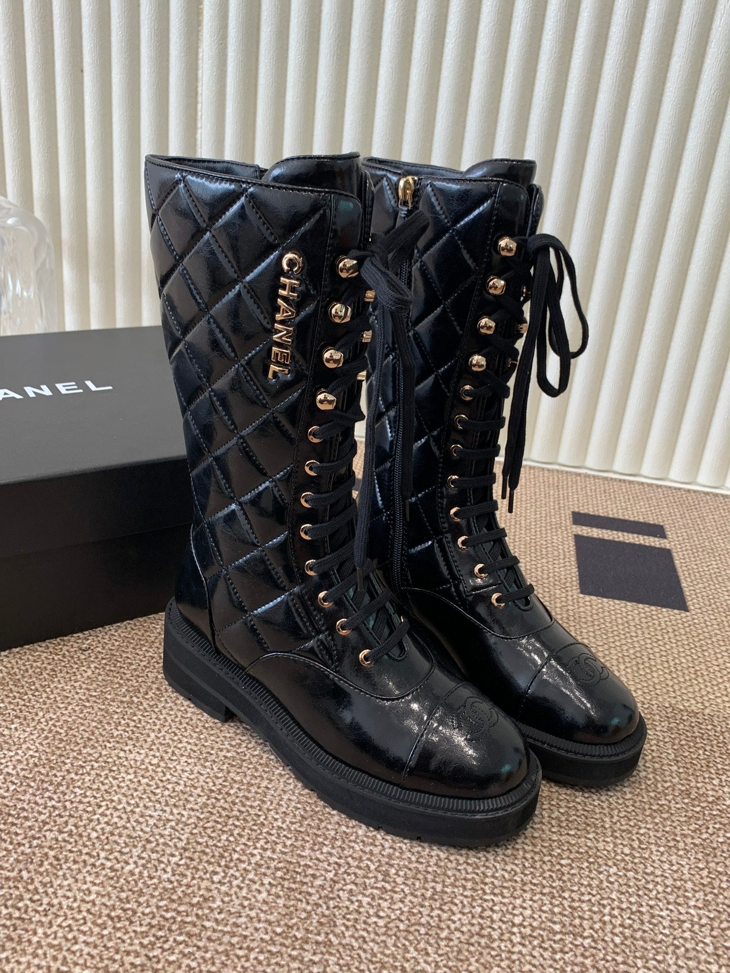 Quilted Patent Leather Lace-Up Boots