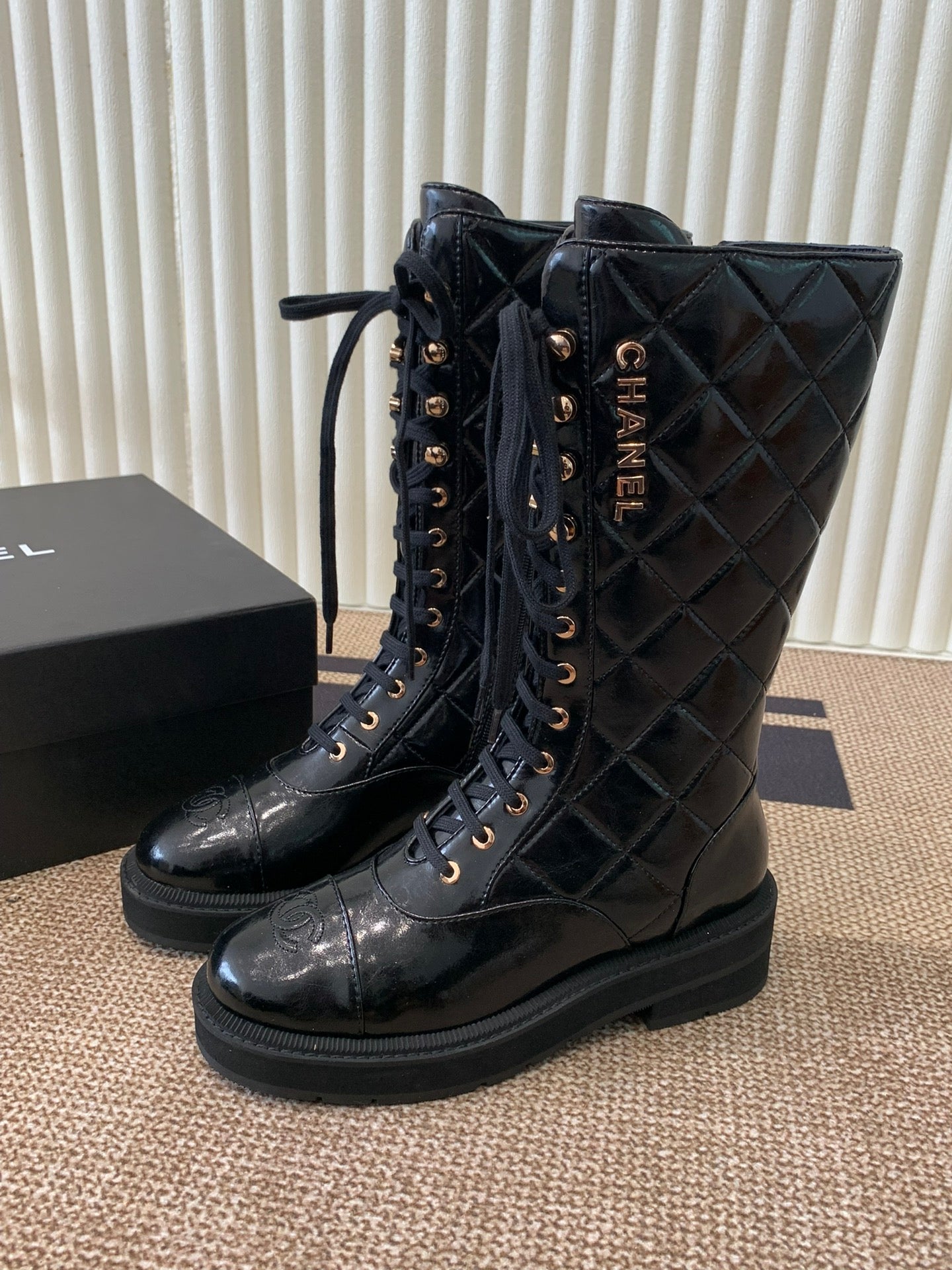 Quilted Patent Leather Lace-Up Boots