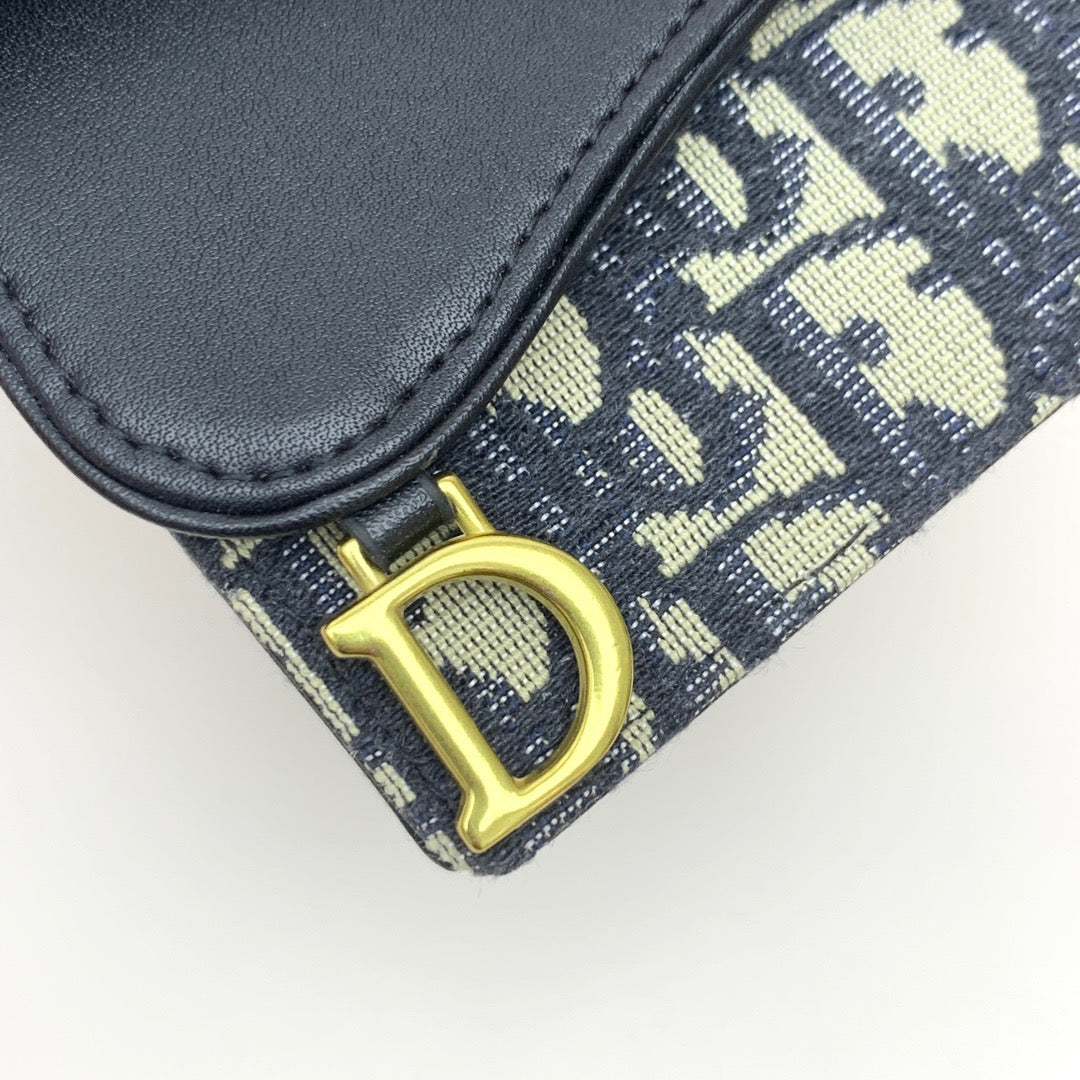Oblique Card Holder Wallet with Black Leather Flap & Gold “D” Charm