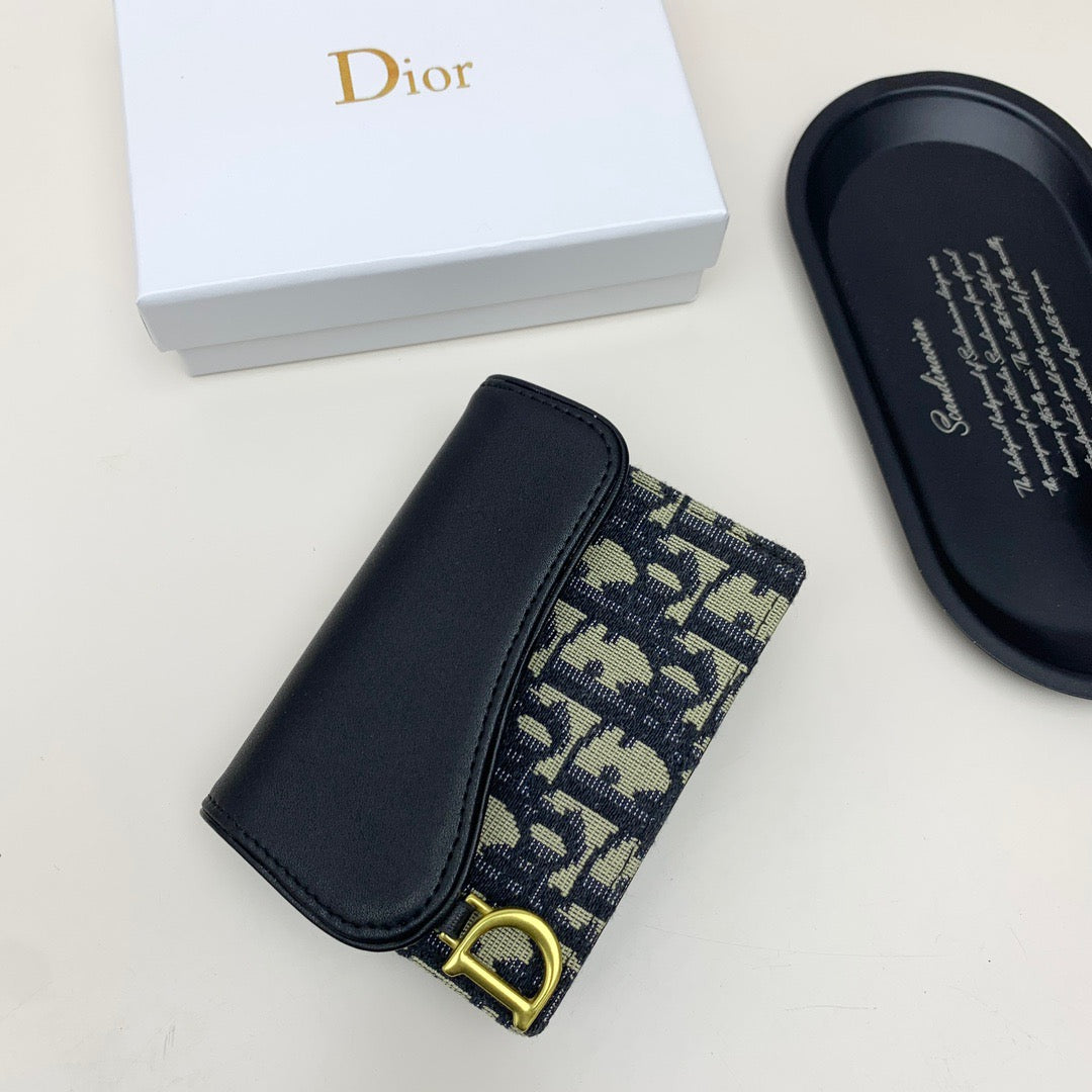 Oblique Card Holder Wallet with Black Leather Flap & Gold “D” Charm