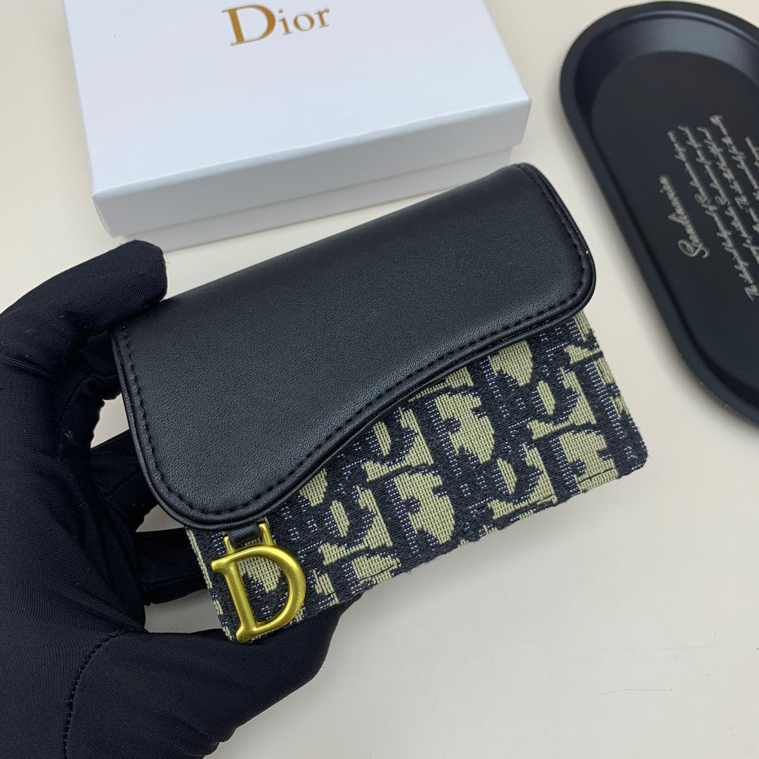 Oblique Card Holder Wallet with Black Leather Flap & Gold “D” Charm