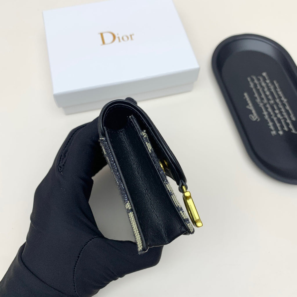 Oblique Card Holder Wallet with Black Leather Flap & Gold “D” Charm