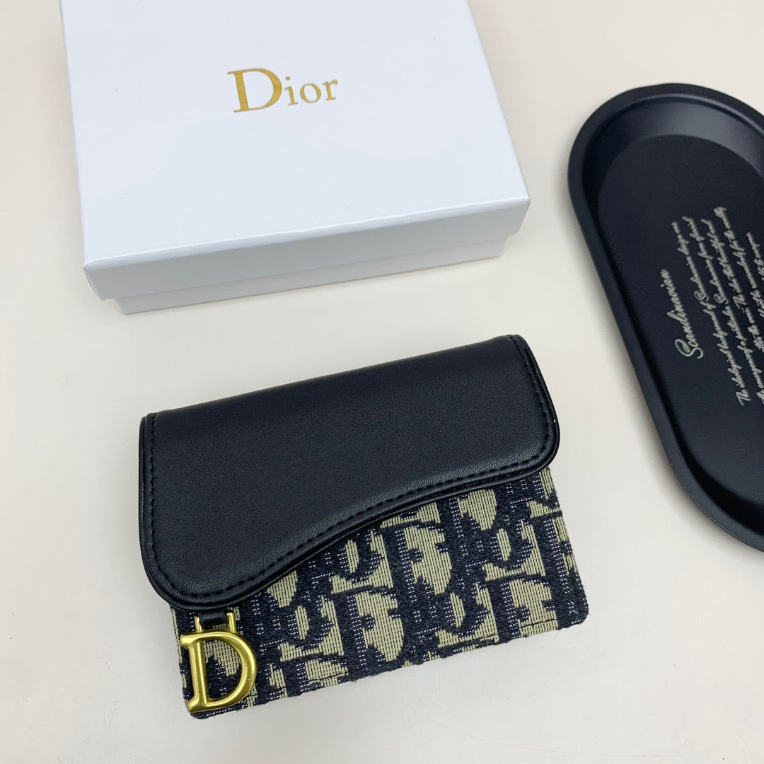Oblique Card Holder Wallet with Black Leather Flap & Gold “D” Charm
