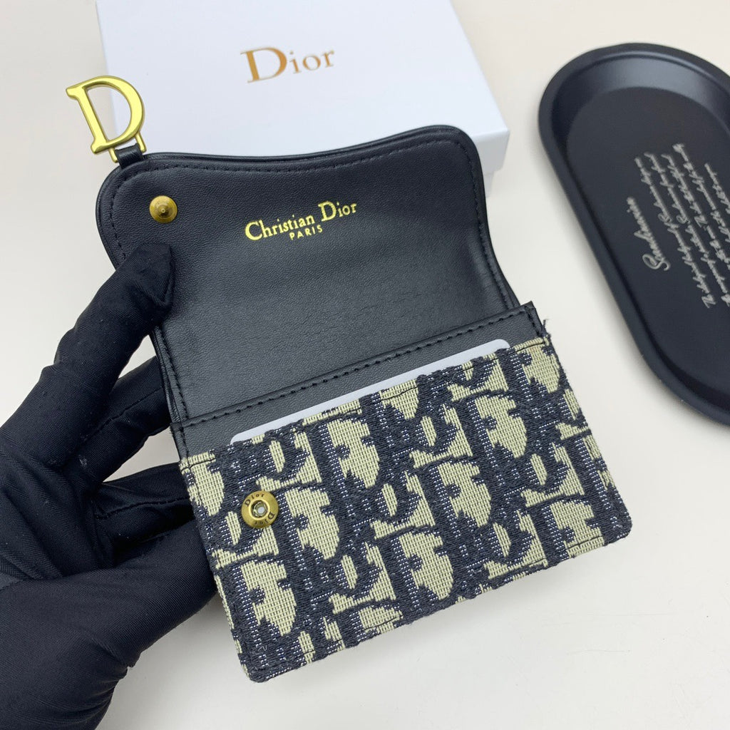 Oblique Card Holder Wallet with Black Leather Flap & Gold “D” Charm