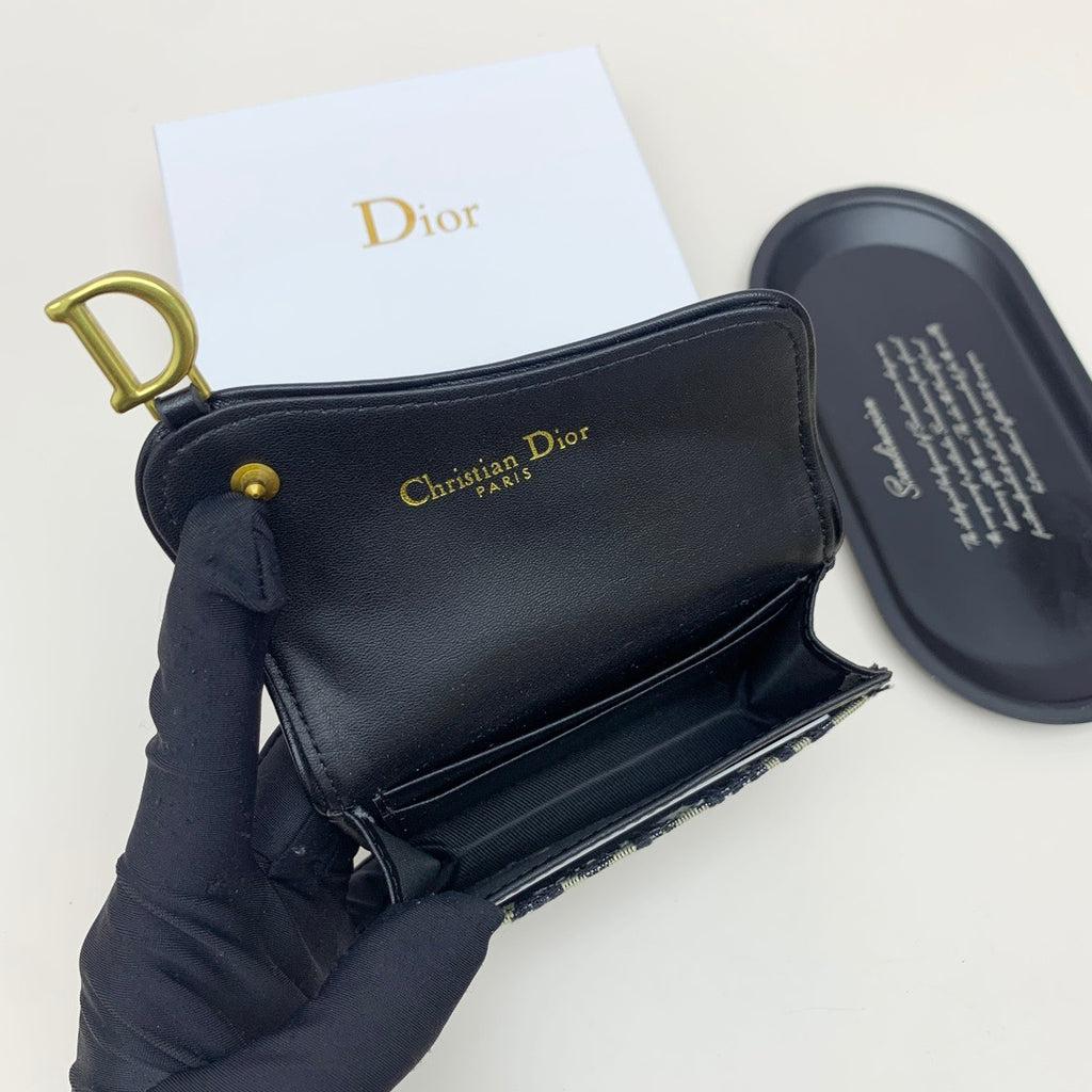 Oblique Card Holder Wallet with Black Leather Flap & Gold “D” Charm