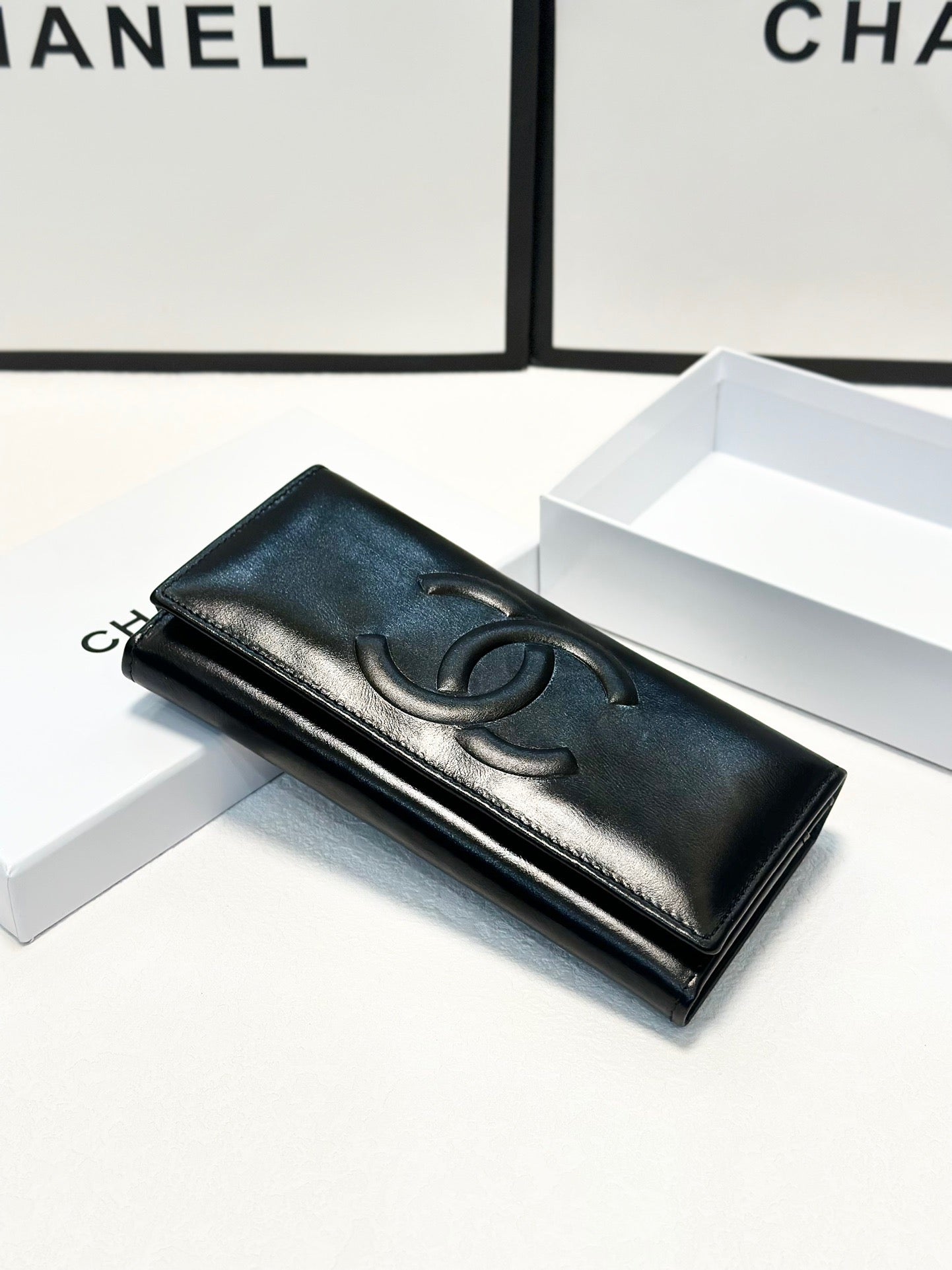 Black Leather Wallet with Embossed CC Logo