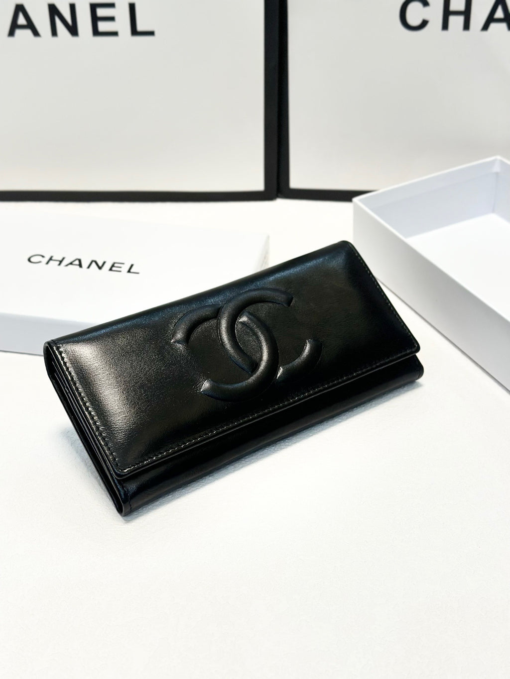 Black Leather Wallet with Embossed CC Logo