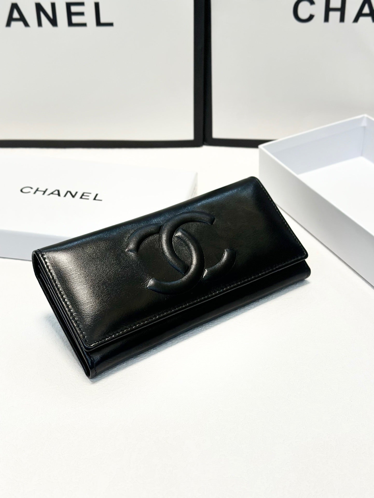 Black Leather Wallet with Embossed CC Logo