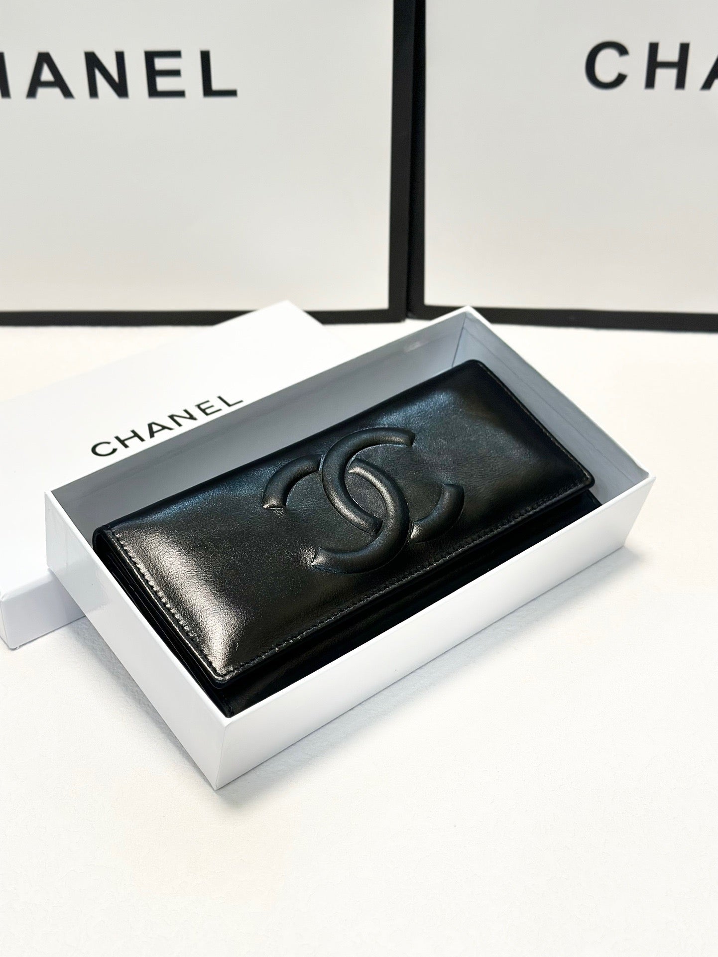 Black Leather Wallet with Embossed CC Logo