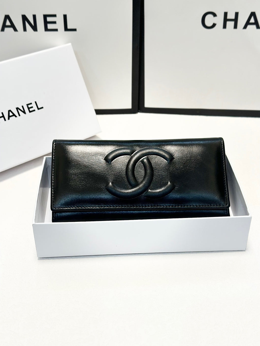 Black Leather Wallet with Embossed CC Logo