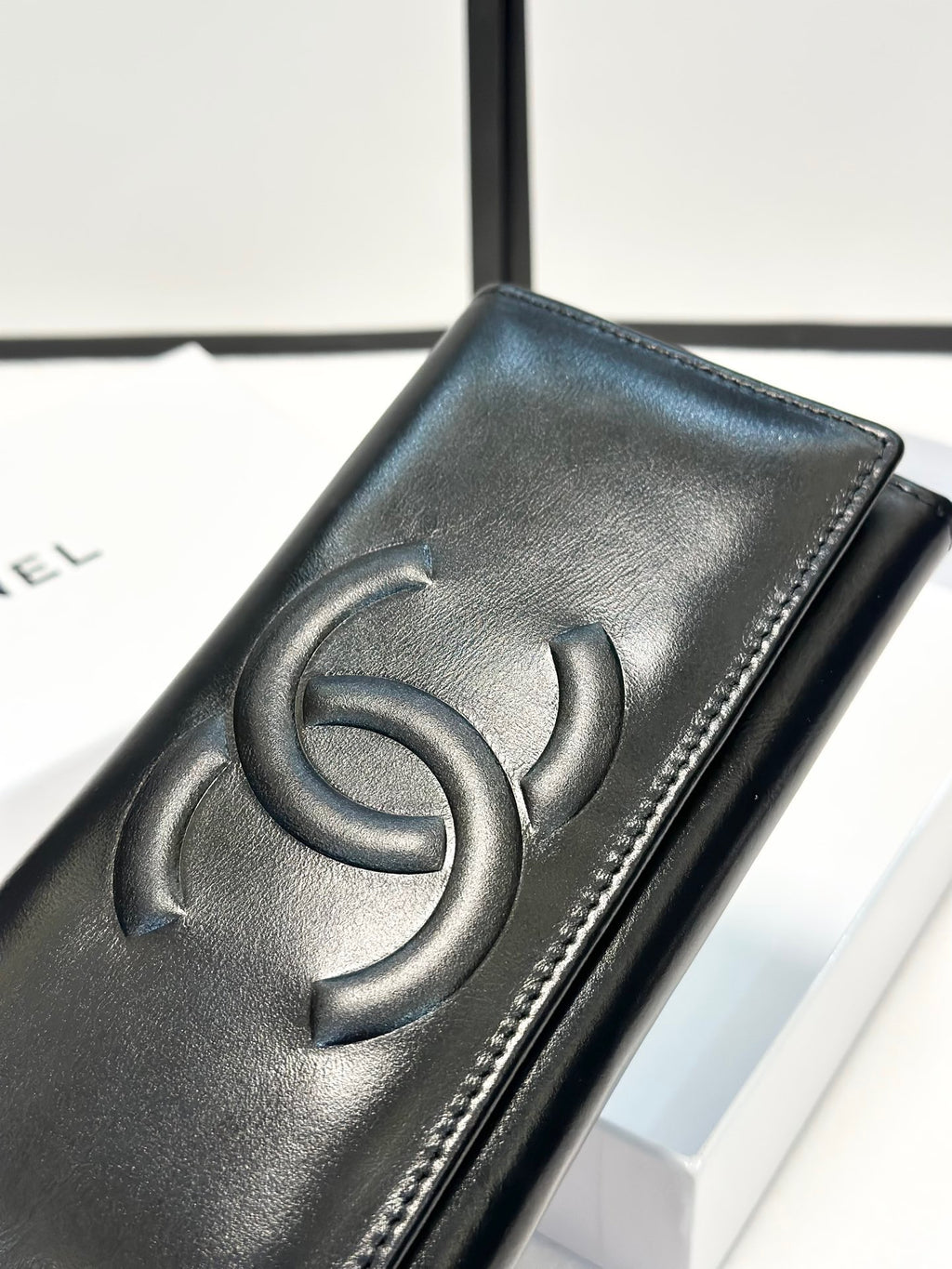 Black Leather Wallet with Embossed CC Logo