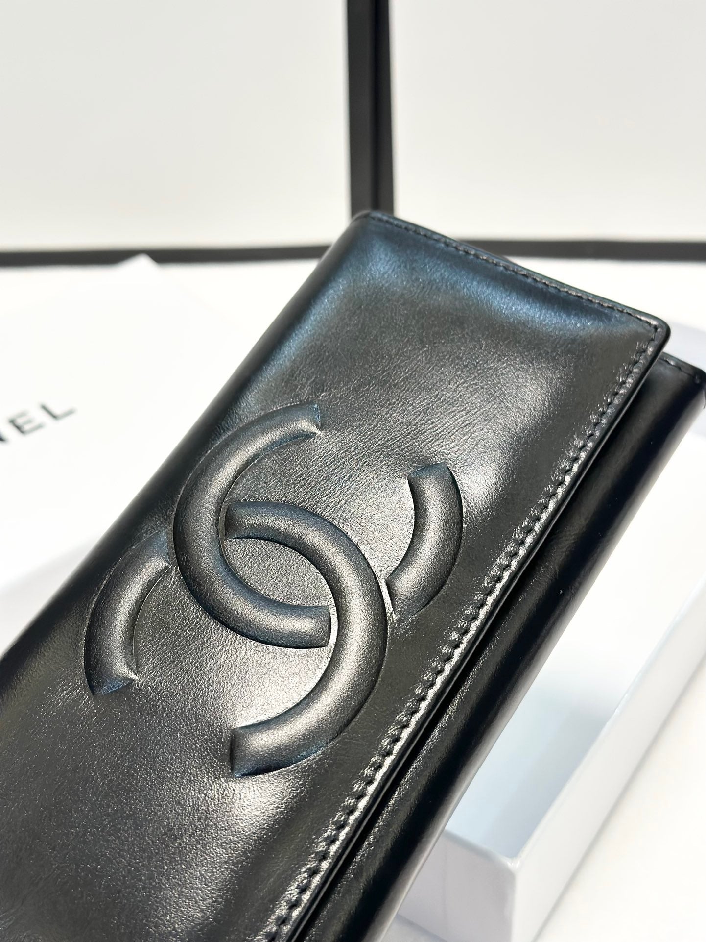 Black Leather Wallet with Embossed CC Logo
