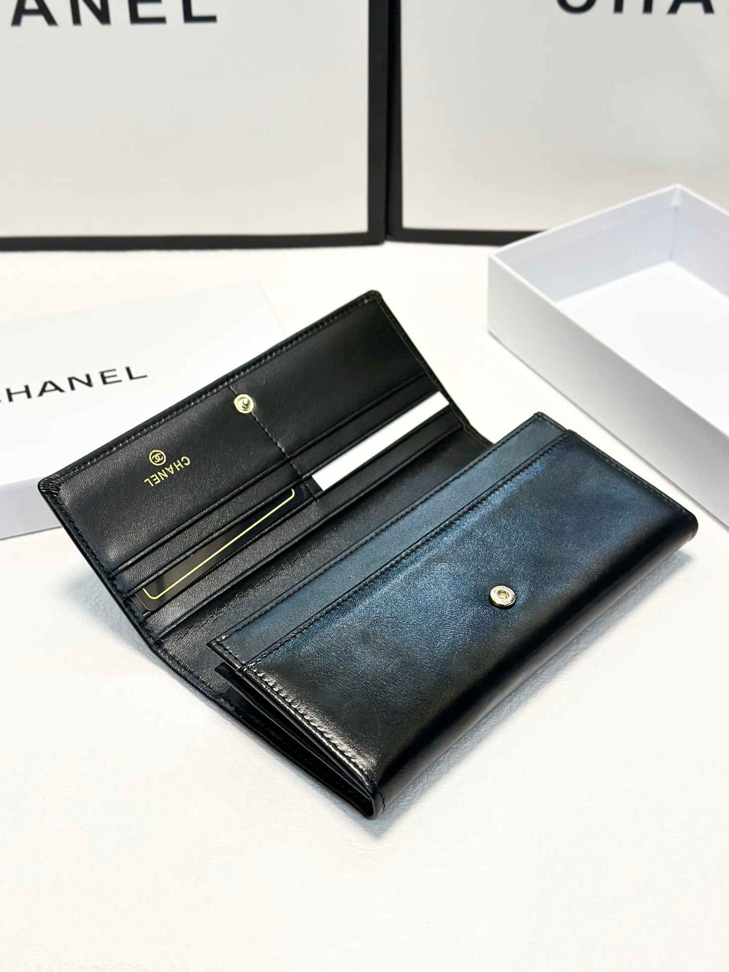 Black Leather Wallet with Embossed CC Logo