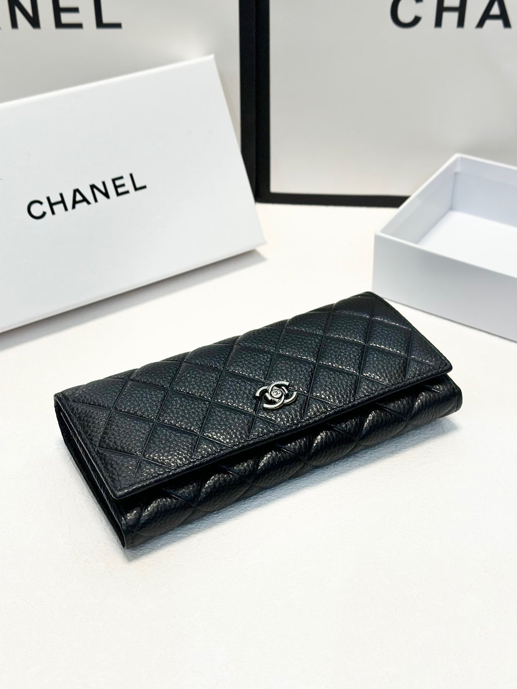 Quilted Black Leather Wallet with Silver Logo