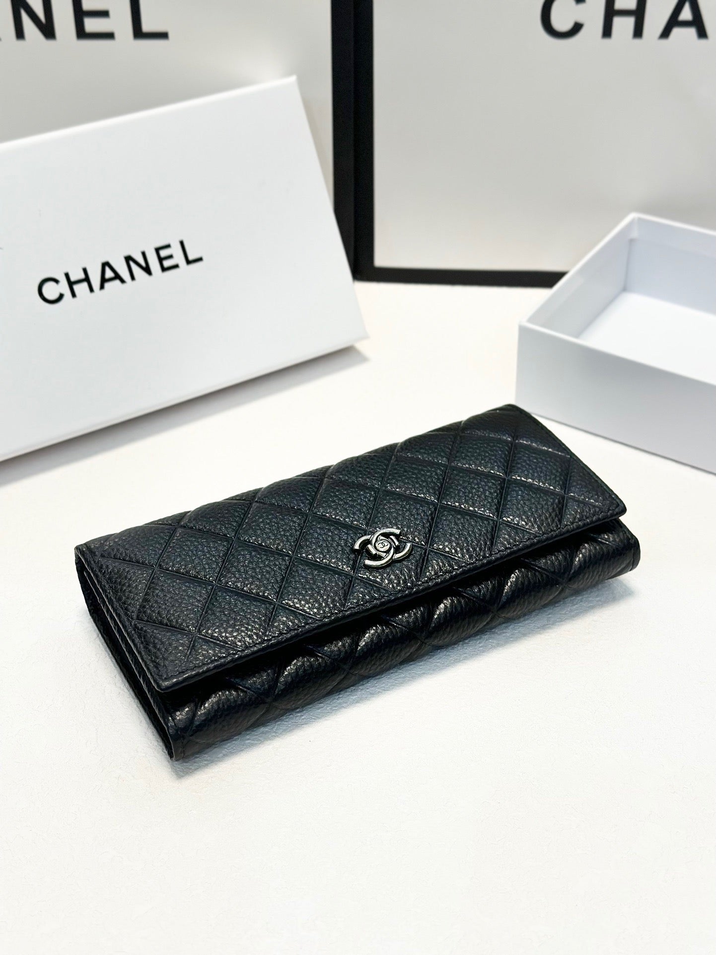 Quilted Black Leather Wallet with Silver Logo
