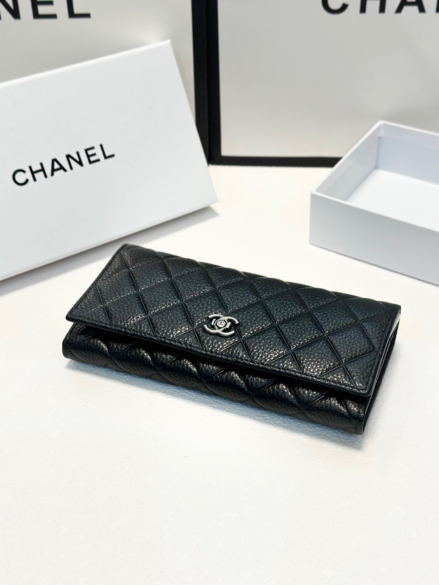 Quilted Black Leather Wallet with Silver Logo