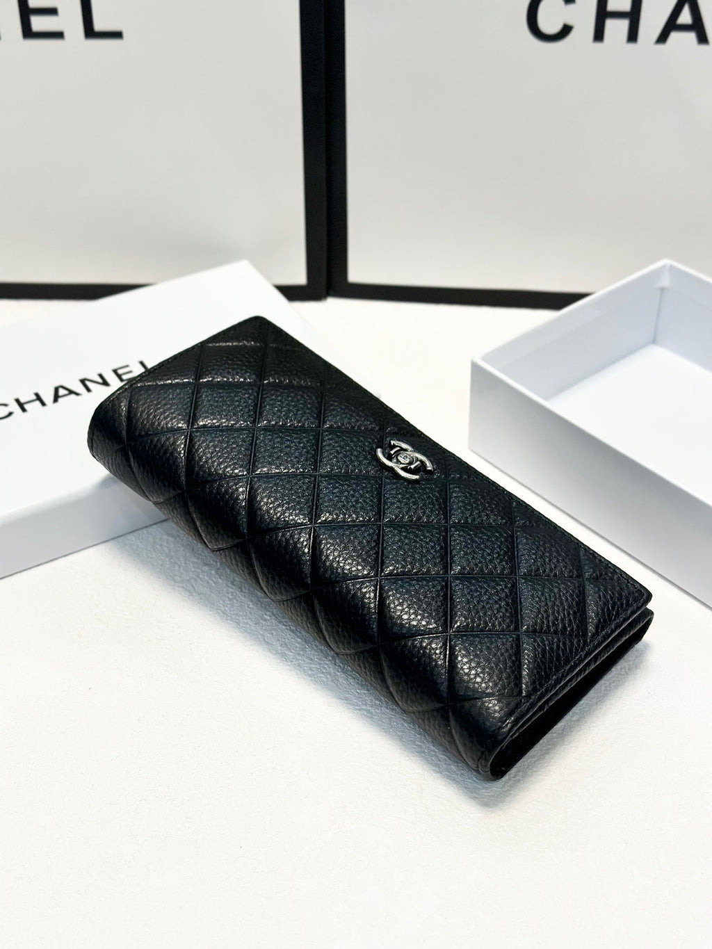 Quilted Black Leather Wallet with Silver Logo