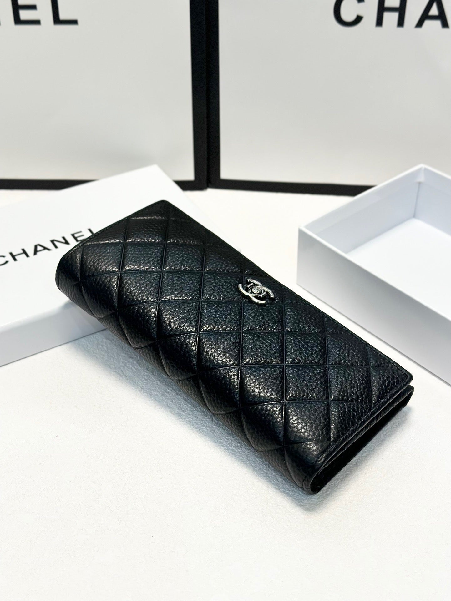 Quilted Black Leather Wallet with Silver Logo