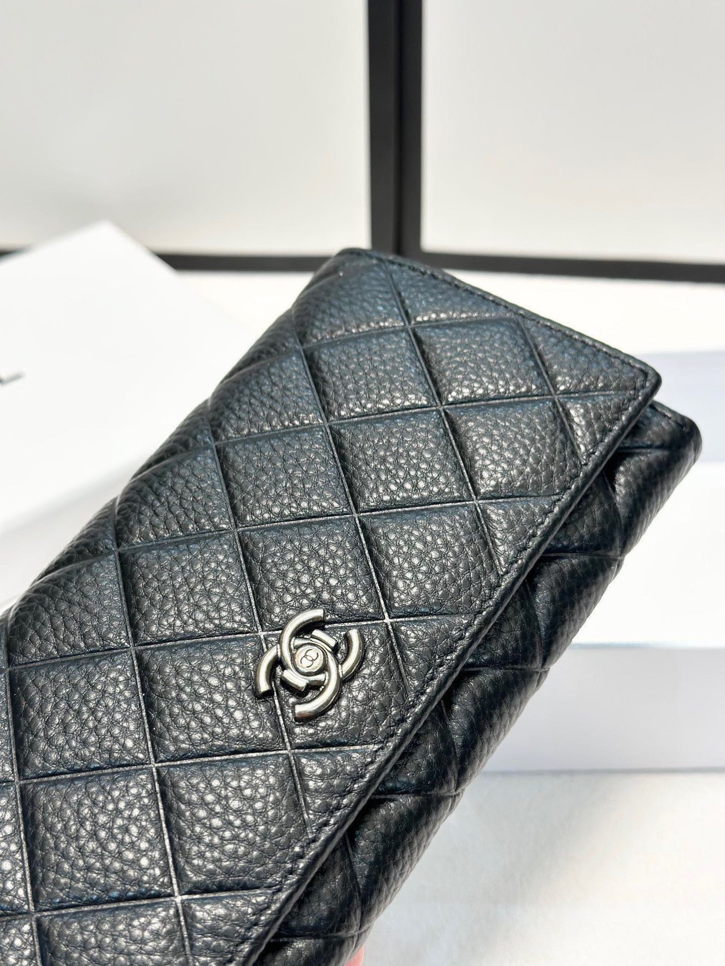 Quilted Black Leather Wallet with Silver Logo