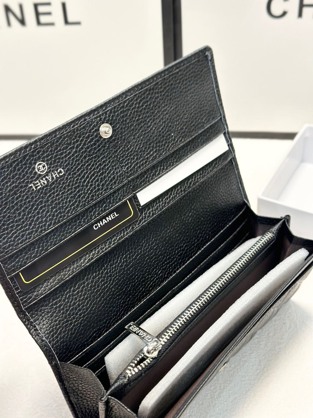 Quilted Black Leather Wallet with Silver Logo