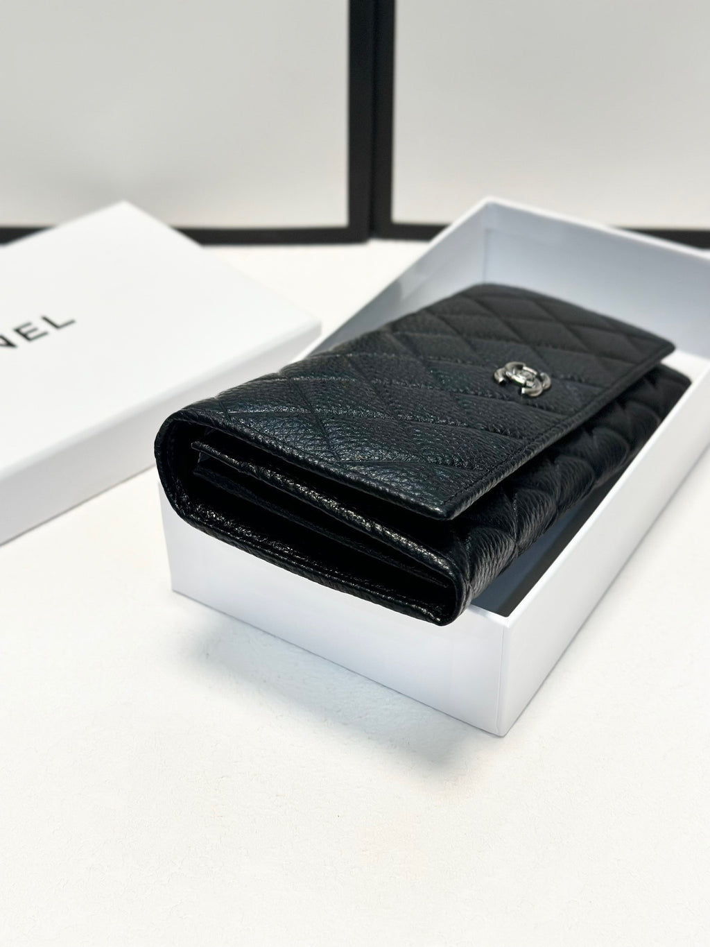 Quilted Black Leather Wallet with Silver Logo