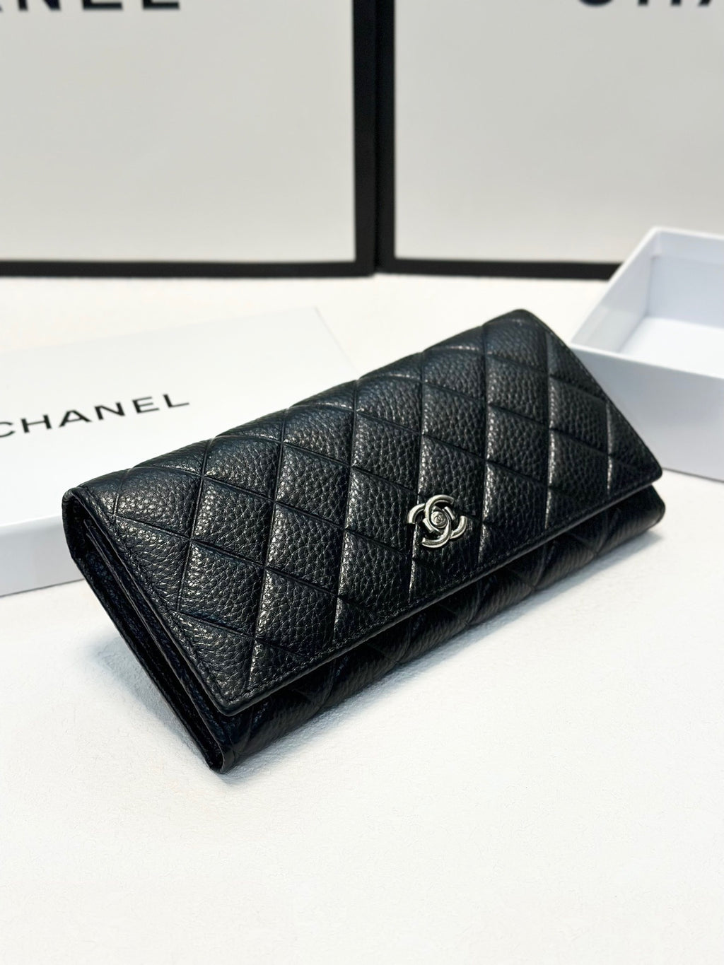 Quilted Black Leather Wallet with Silver Logo